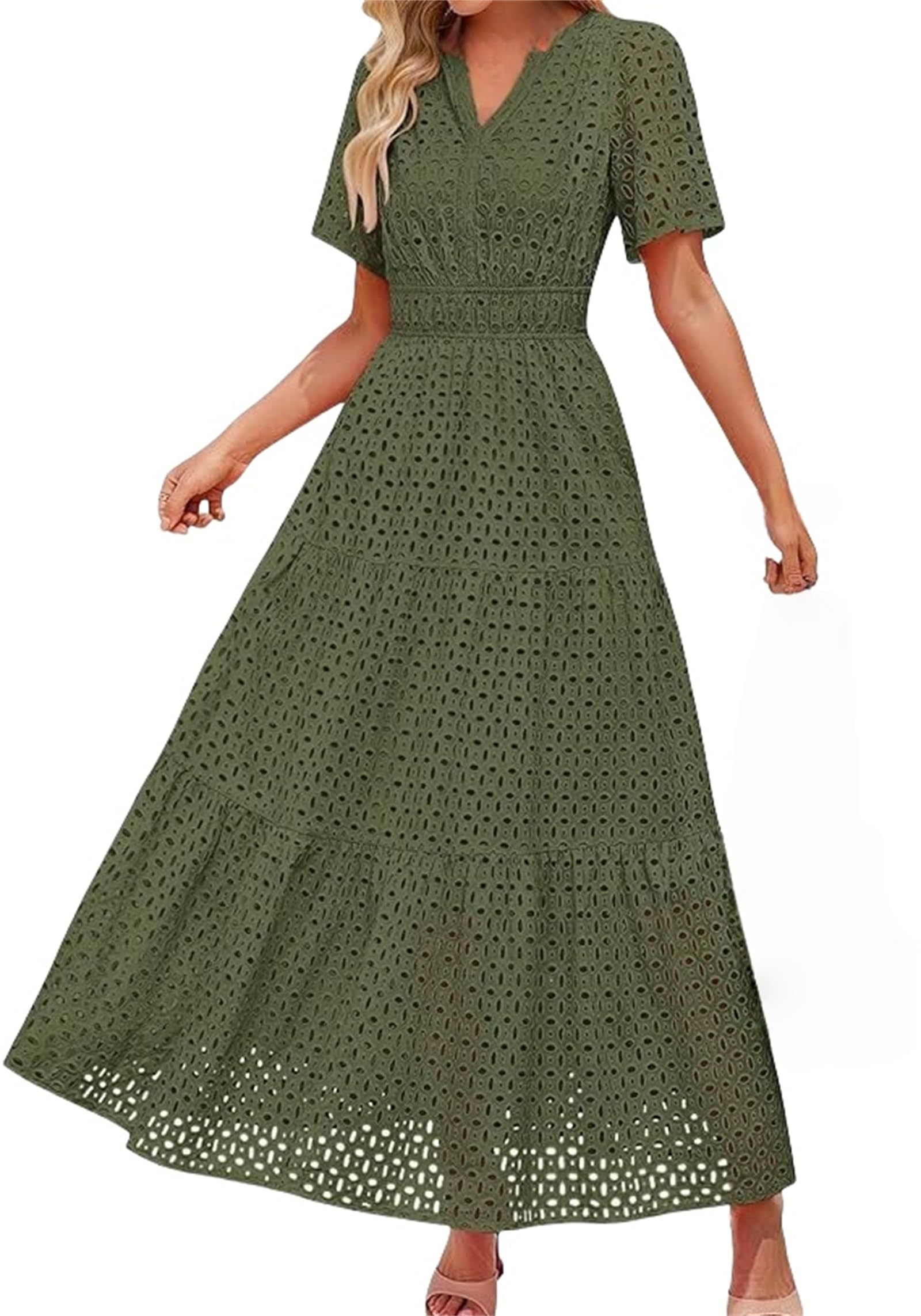 Vestido maxi de verano para mujer, manga corta, informal, con ojales, cuello en V, cintura alta, volantes, swing en línea A, vestidos largos que fluyen