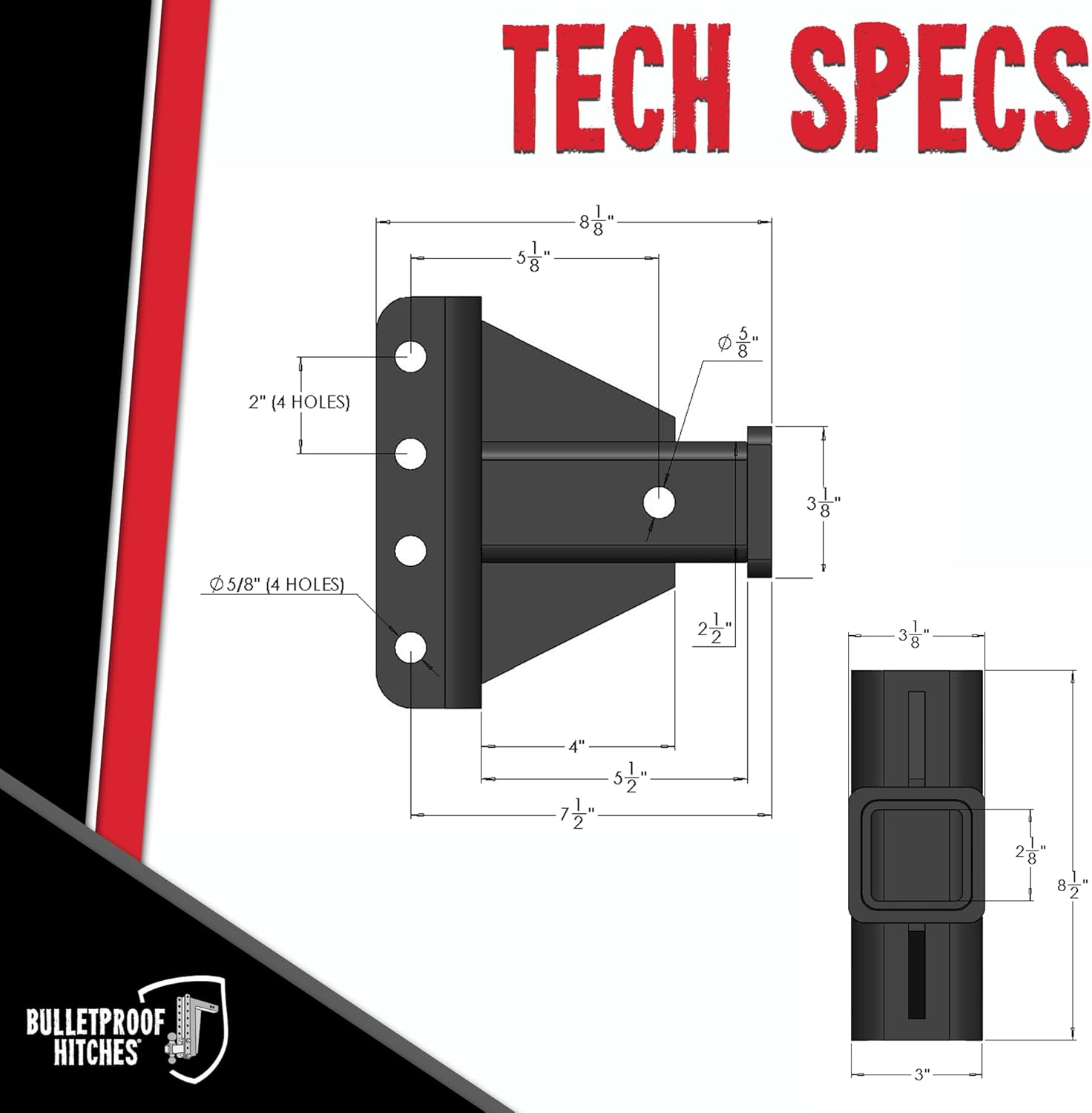 BulletProof Hitches - 2" Receiver Attachment - Rated up to 10,000 lbs - Hitch Receiver Attachments for 2" Trailer Hitch - Trailer Hitch Receivers - Bulletproof Hitch Accessories