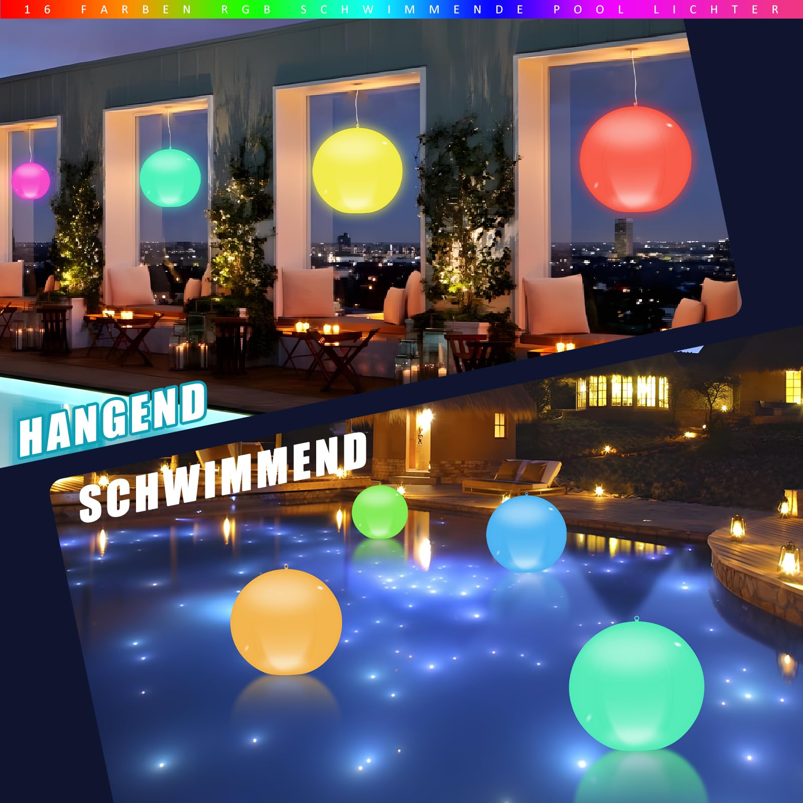 Schwimmende Poolbeleuchtung Solar, 4 Stück Poolbeleuchtung 16 RGB Farbwechsel Pool Lichter, Solar Schwimmende Pool Licht 34cm IP68 Wasserdichte Aufblasbare Solarleuchten für Garten, Teich, Party