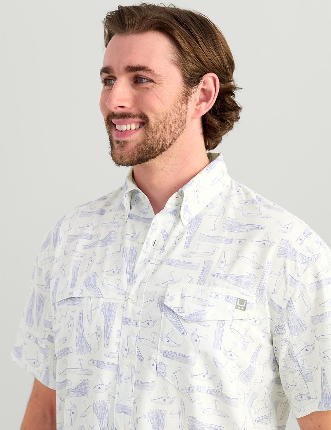 HUK - Men's Tide Point Pattern Short Sleeve Shirt, Fishing Button Down