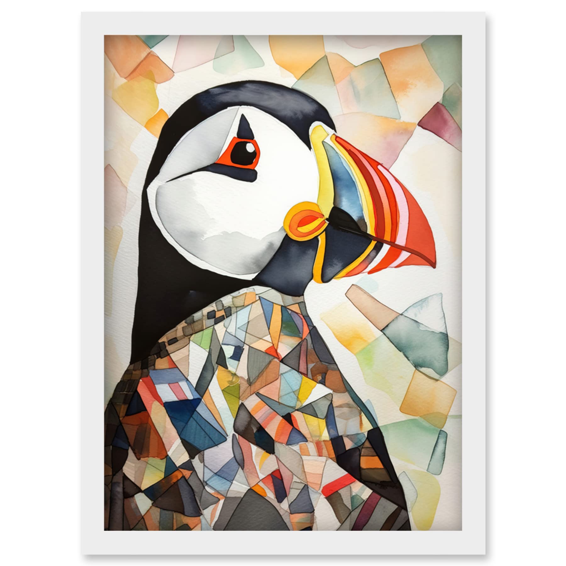 Artery8 Puffin Bird Abstract Portrait Folk Art Artwork Framed Wall Art Print A4