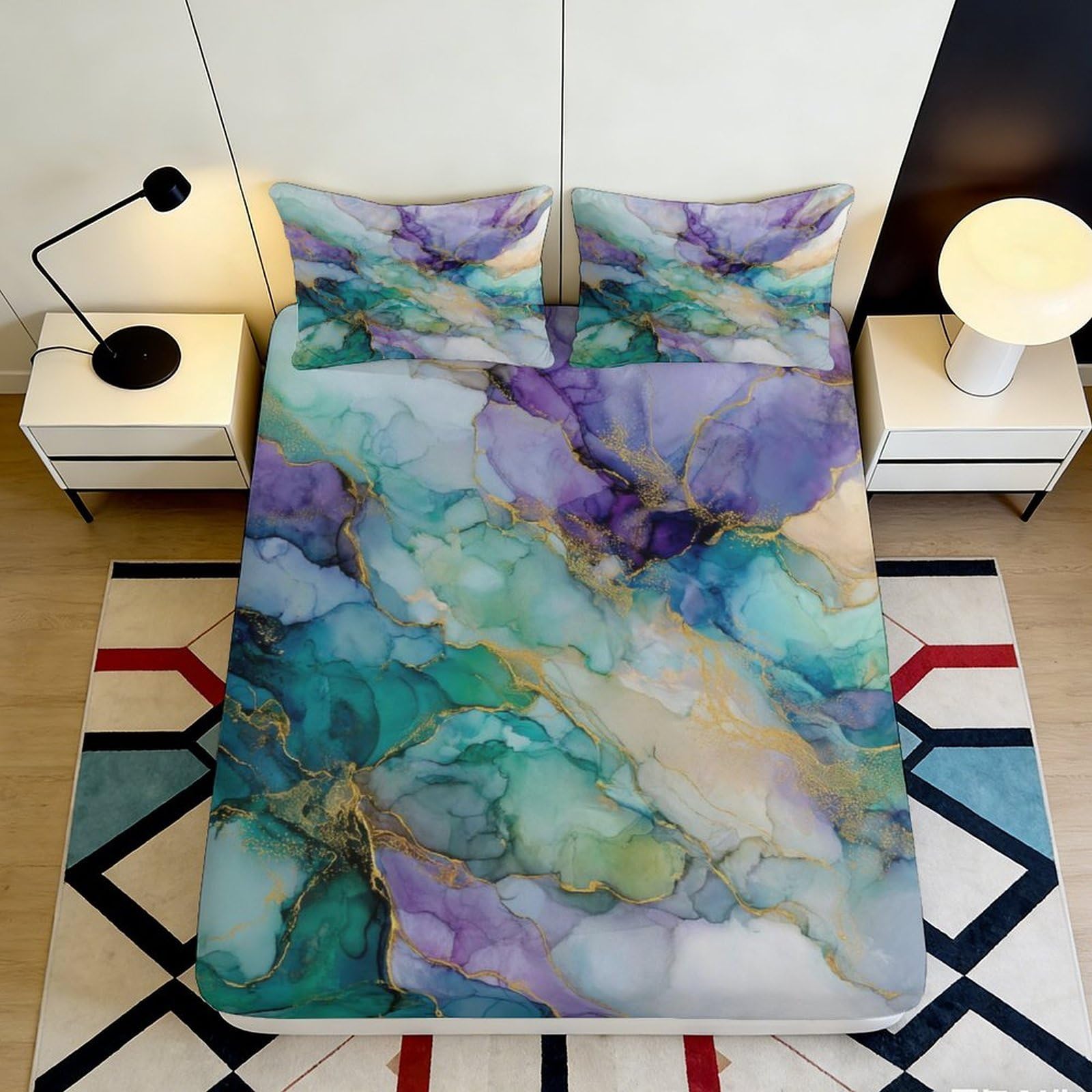 Jqzkxnhpbr Style-1 3D Printed Watercolor Marble Fitted Sheet Microfiber Abstract Ocean Mattress Cover For Bedroom Guestroom Decor 90X200x25cm