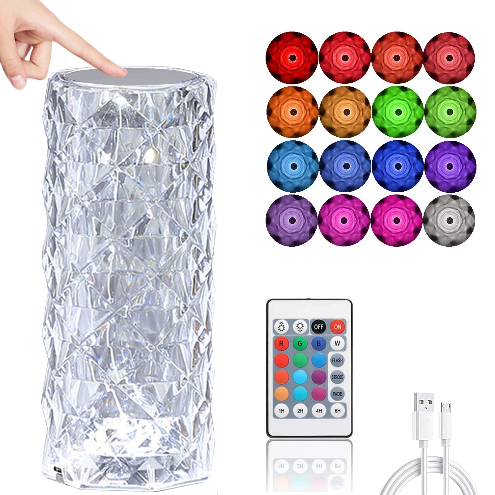 Crystal Diamond Table Lamp, Touching Control Rose Crystal Lamp, 16 Colour Changing Lamp Bedside Lamp with USB Port, Rechargeable LED Night Light (H 21.5CM, 16 Colors)