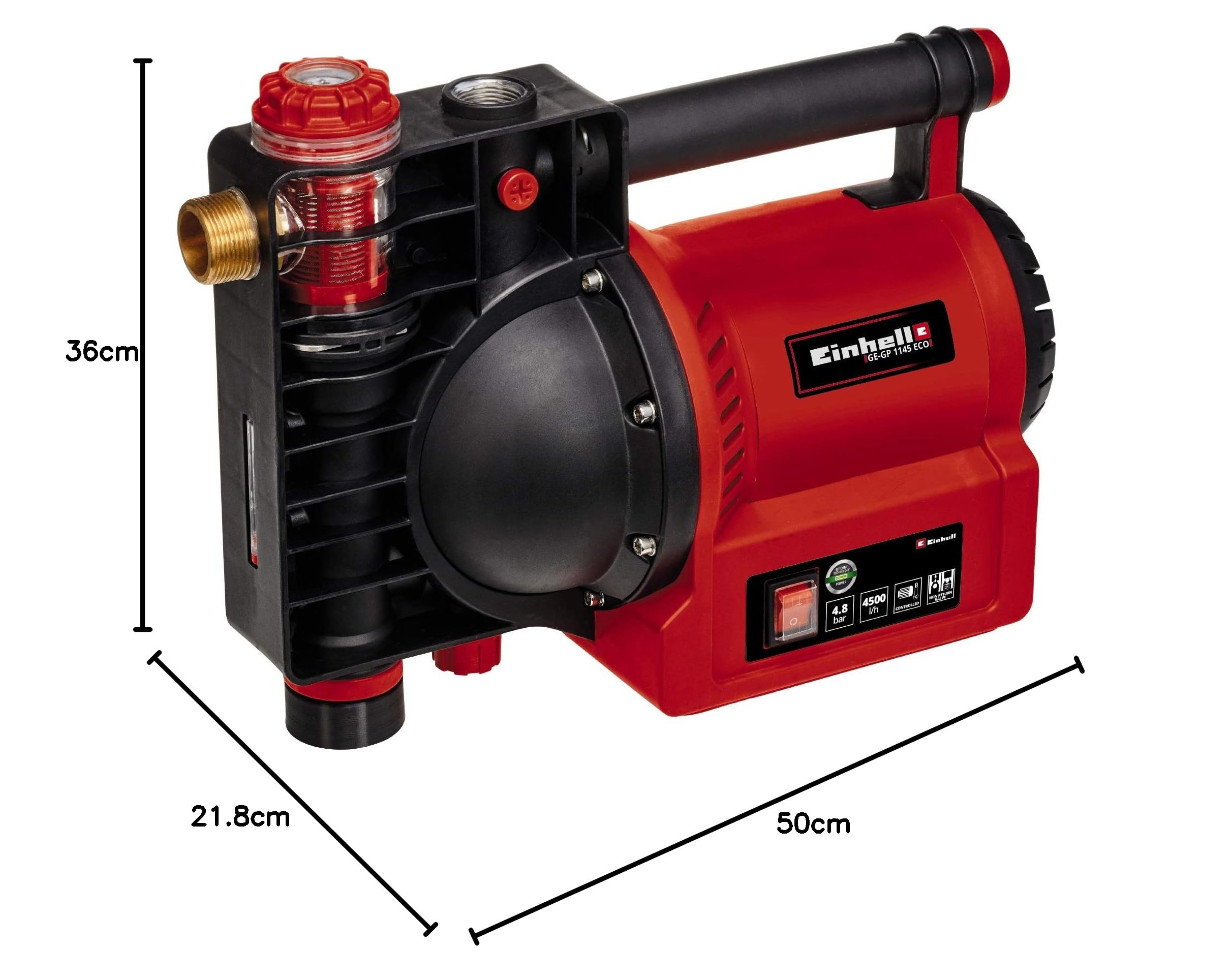 Einhell GE-GP 1145 ECO - Bomba de jardín (1100 W, 4500 L/h máx. caudal, indicador de llenado de agua, suciedad y succión, protección térmica/heladas, prefiltro con válvula antirretorno, incluye