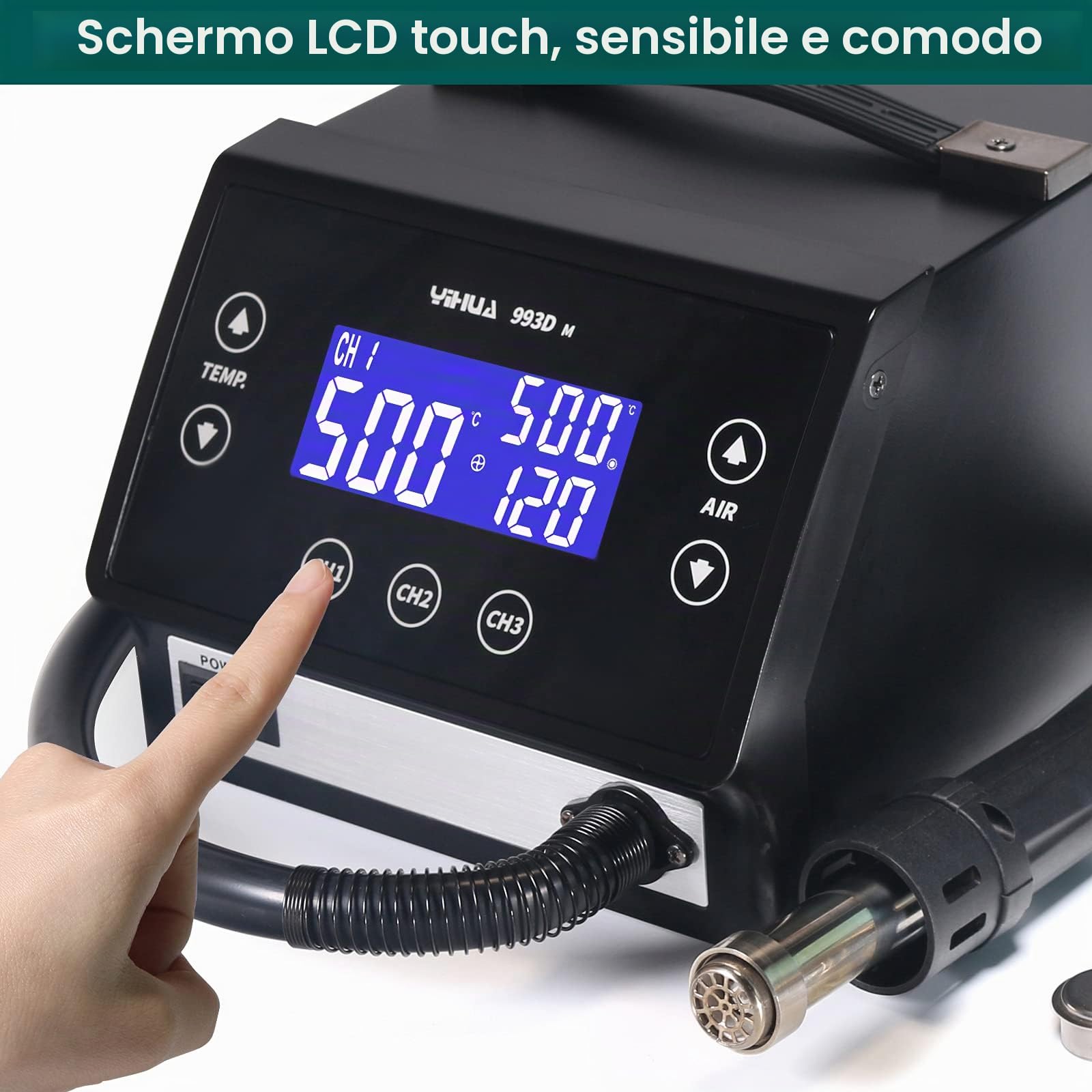 YIHUA 993DM Stazione saldante ad aria calda, ad alta potenza, con di stabilizzazione della temperatura, preimpostati canali, per i lavori di precisione e le riparazioni su circuiti elettronici Apple