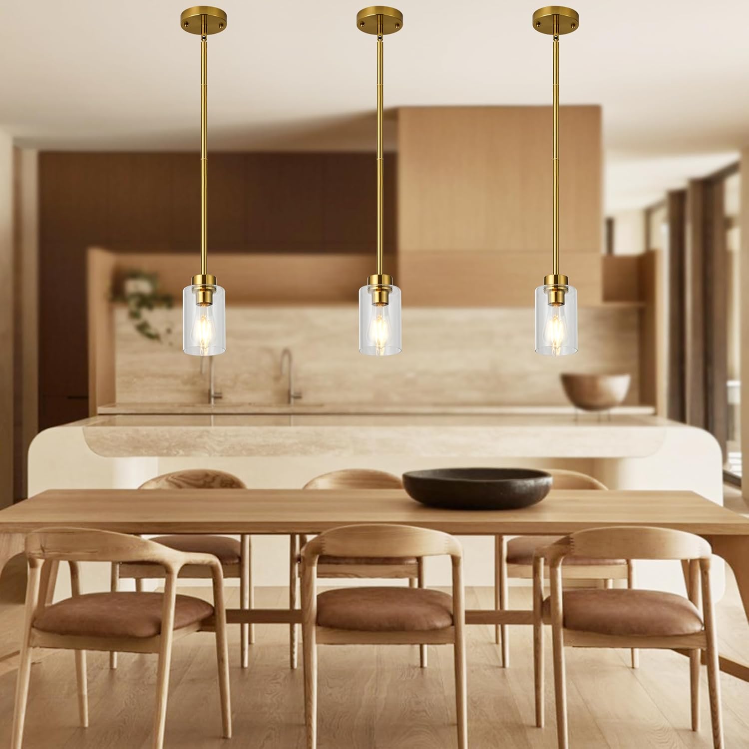 Brass Pendant Lights Kitchen Island 3 Pack, Farmhouse Gold Pendant Light with Clear Glass Shade, Kitchen Island Lighting for Dining Room Entrywa