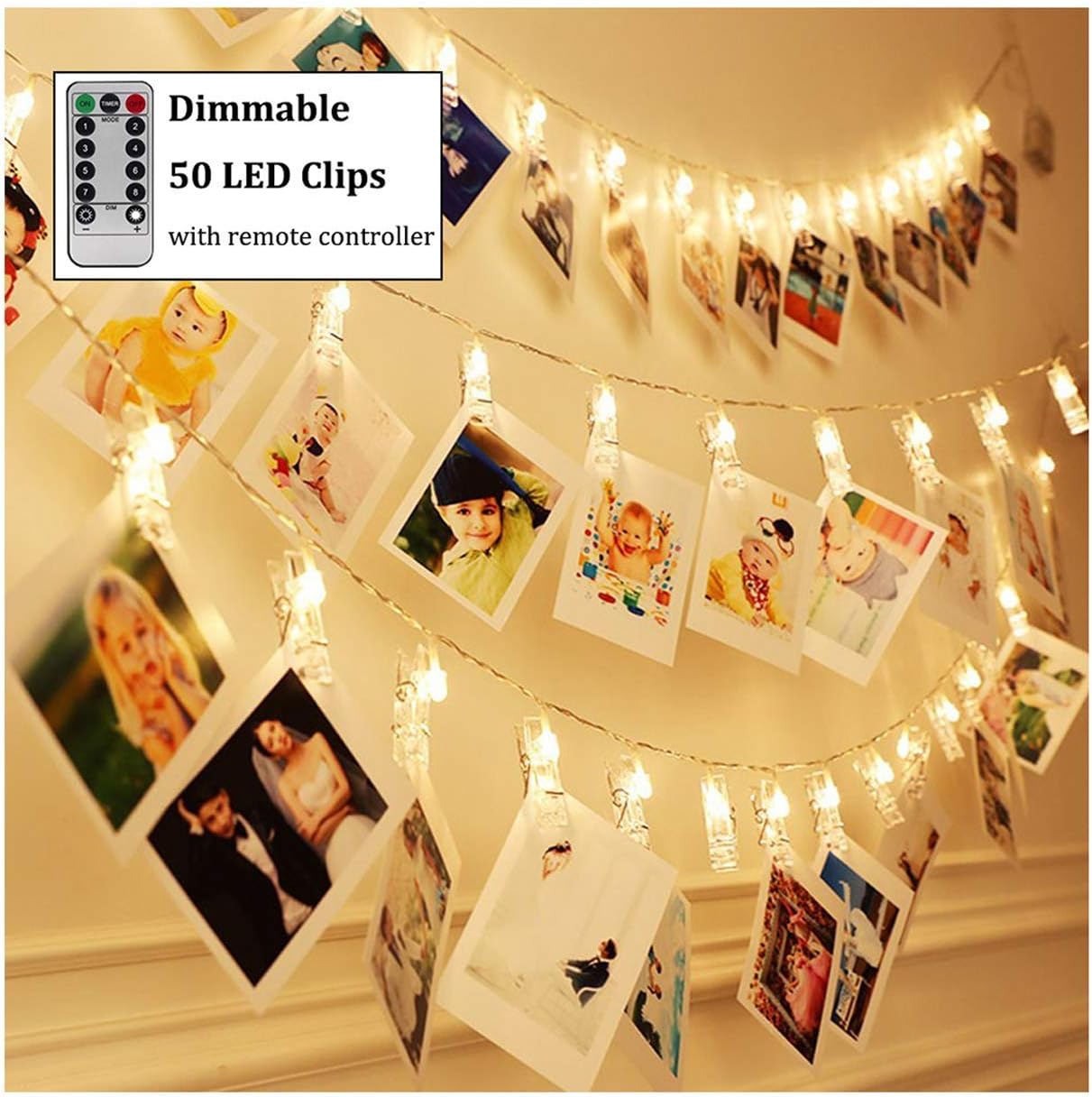 Dimmable 50 Led Photo Clip String Lights with Remote Timer, 8 Modes Fairy Lights with Clips for Pictures, Warm White Home Party Christmas Decorative Light for Hanging Photo Display Stands