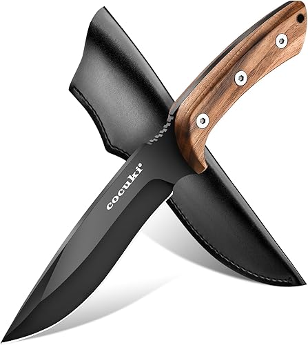 CoCuKi Cuchillo de hoja fija, cuchillo de procesamiento de campo de espiga completa de 10.5 pulgadas, mango de madera de nogal, funda de cuero