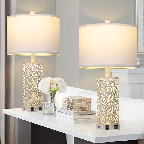 Miniatura 6 de Morden - Juego de 2 lámparas de mesa vintage para sala de estar, con 2 puertos USB y toma de CA, lámpara de mesita de noche con control táctil con