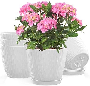 5 Pack 6 inch Planters for Outdoor Plants Indoor Plant Pots with Drainage Holes and Saucers, Modern Plastic Flower Pots for Plants Succulent Holiday Office House Home Decor Garden Pots White