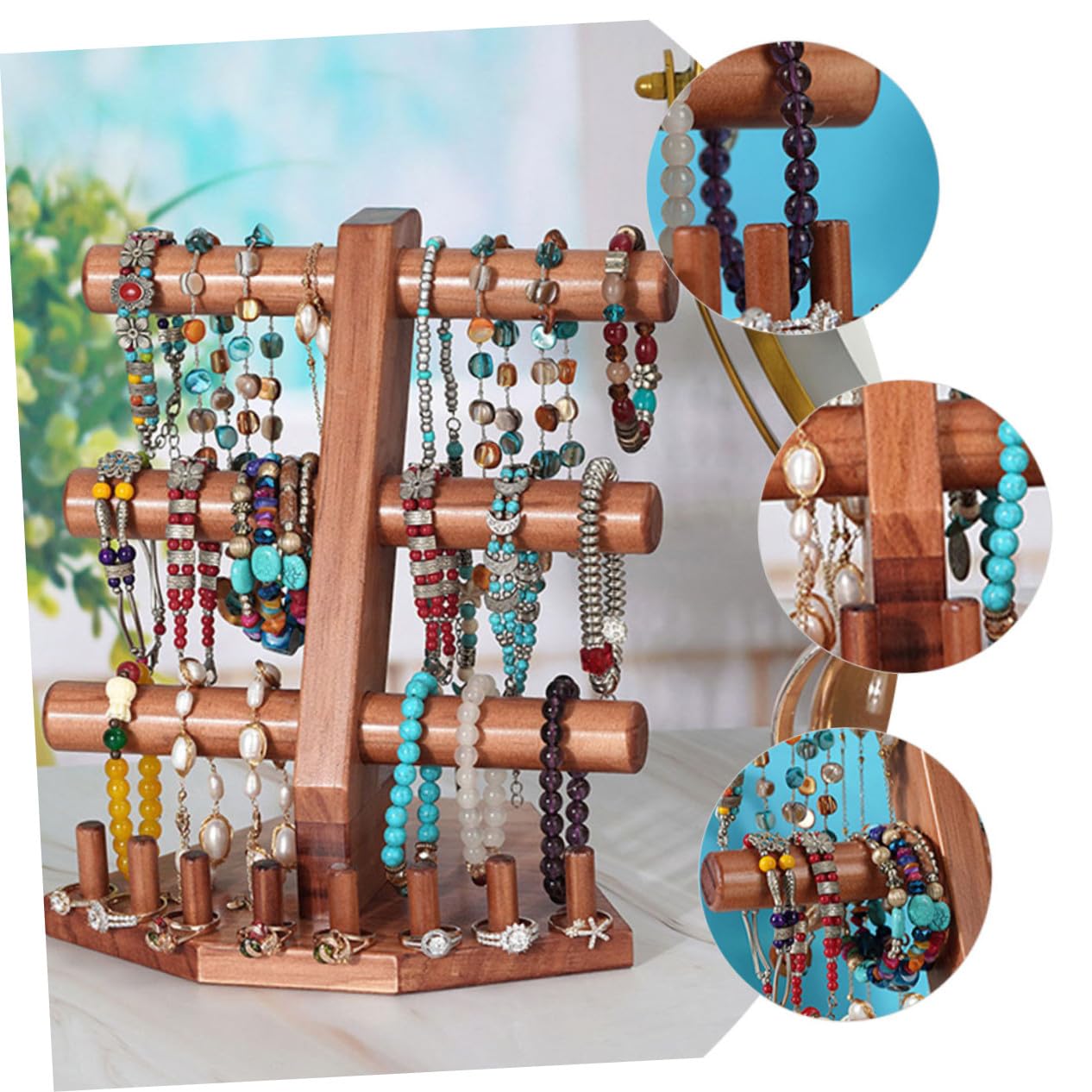 VICASKY Multifunktionaler Schmuckständer aus Holz Vintage Schmuckdisplay für Uhren Armbänder Ringe Elegante Schmuckaufbewahrung und Organizer für Zuhause und Laden
