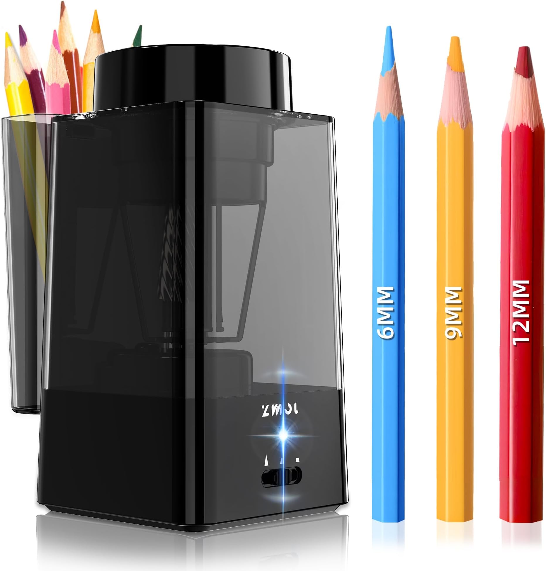 Fully Automatic Electric Pencil Sharpener, Automatic Feed, Rechargeable Sharpener with Container for 6-12 mm Thick and Thin Pens, Handsfree, Heavy Duty for Classroom, Home/School/Office