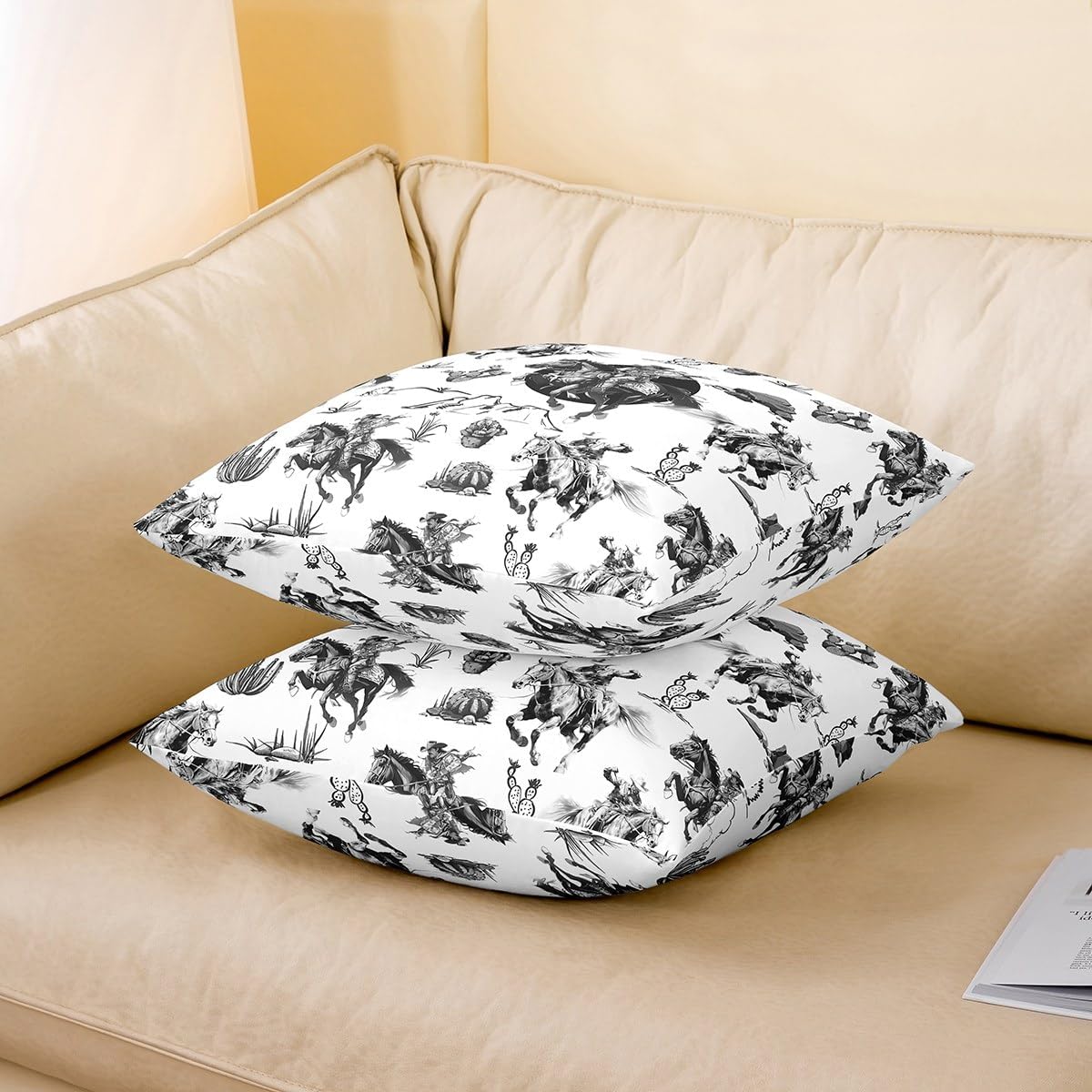 Western Pillow Covers for Couch Sofa Bed,Vintage Country Decor Cowboy Horse Pillow Cases Cushion Covers 24"x24" Set of 2,Black White Print Desert Cactus Square Cushion Cases Set for Bedroom