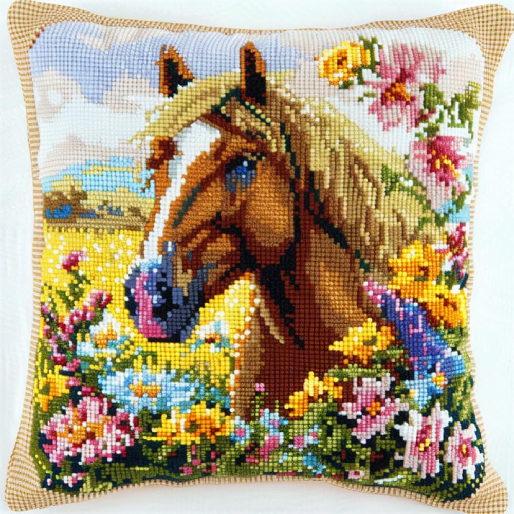 ORLUMY DIY Latch Hook Cushion Kits Horse Animal Latch Hook Kits Animals and Flowers DIY Latch Hook Kitslatch Hook Embroidery Set Crochet Needlework Crafts with Latch Hook Tool 43x43cm