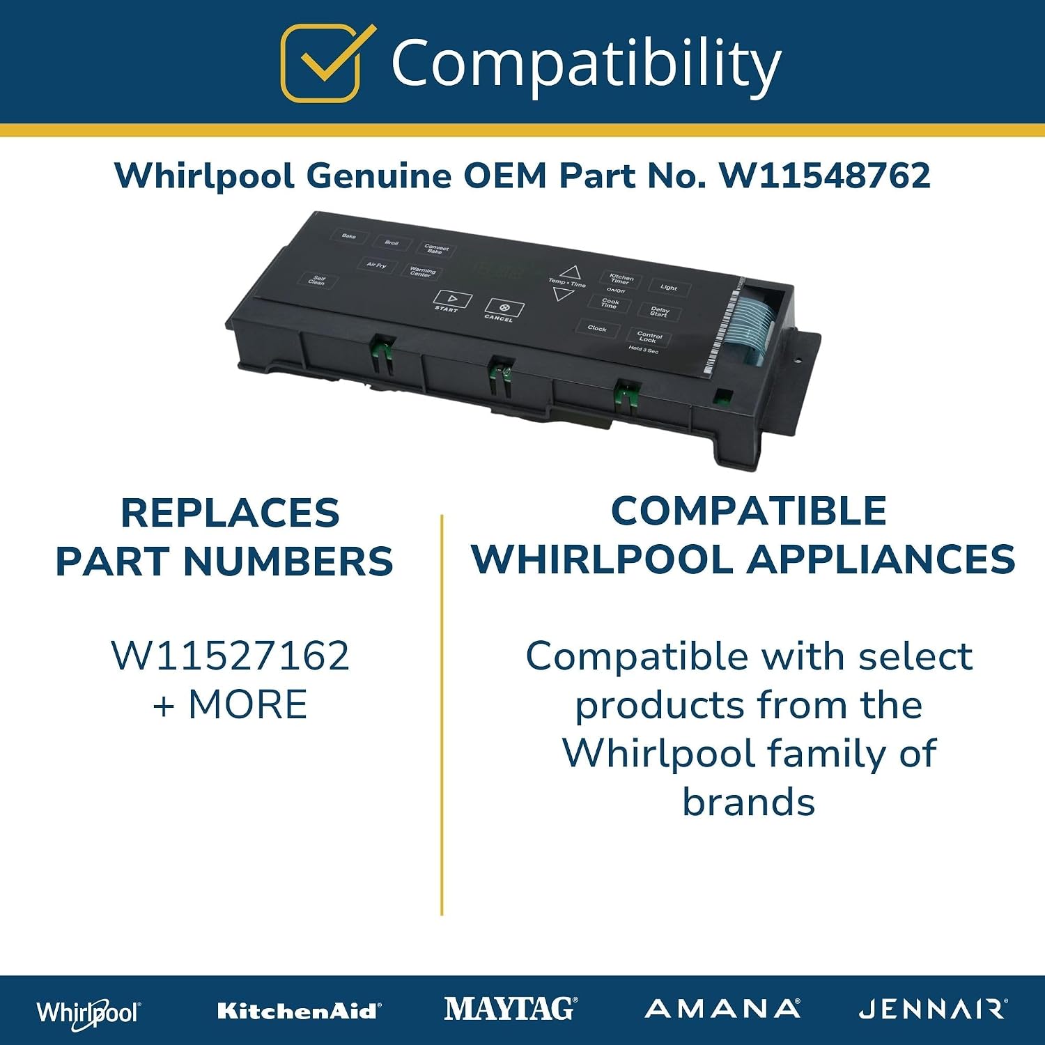 Whirlpool W11548762 Genuine OEM Range Oven Control Board Replacement Part - Replaces W11527162
