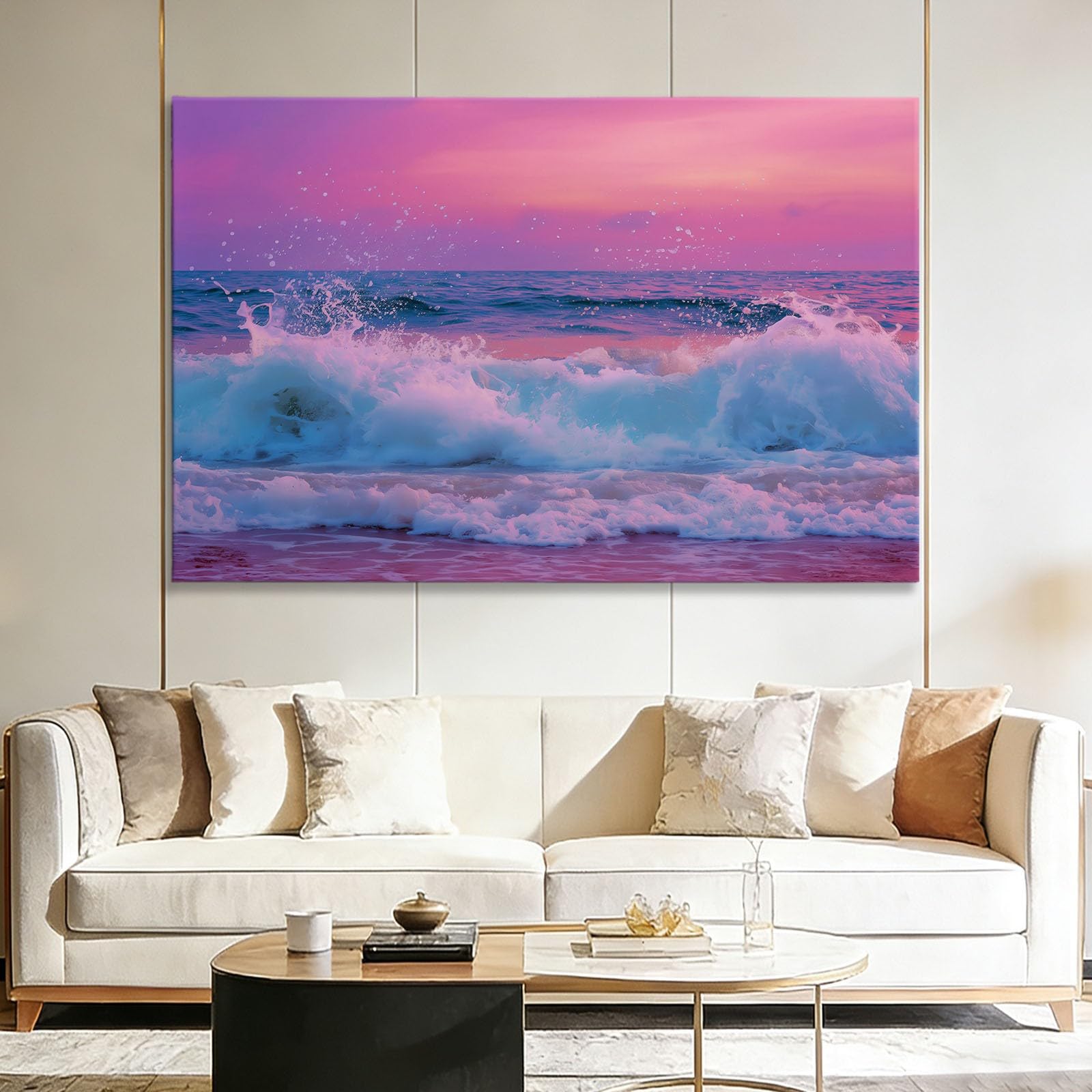 Generisch Leinwandbild Sonnenuntergang Meer Wellen 90x60cm Wandbild Kunstdruck auf Leinwand, Modern Wanddeko Bilder für Wohnzimmer Schlafzimmer Flur Büro Esszimmer Dekoration