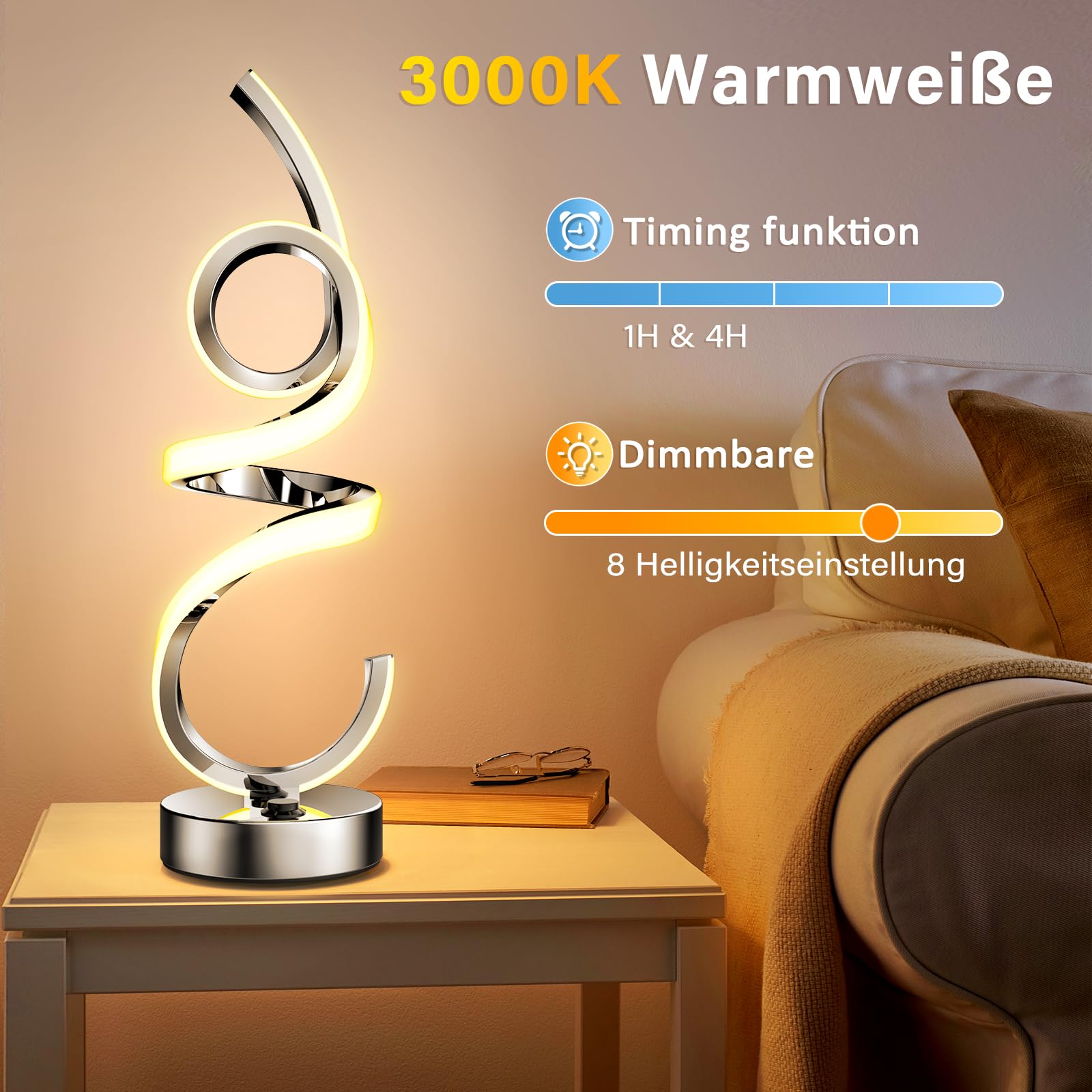 Lámpara LED de noche regulable, RGB blanco cálido, inalámbrico, espiral, moderna, lámpara de mesa con batería, recargable por USB, 10 modos dinámicos con mando a distancia y temporizador, luz nocturna