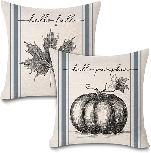 Juego de 2 fundas de almohada vintage de otoño con rayas azules, diseño de otoño, Acción de Gracias, Hello Pumpkin para decoración del hogar, 18 x