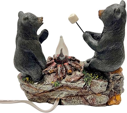 Miniatura 9 de BestGiftEver Lámpara de luz nocturna rústica con osos negros que asan malvavisco alrededor de una fogata, perfecta para decoración de cabaña