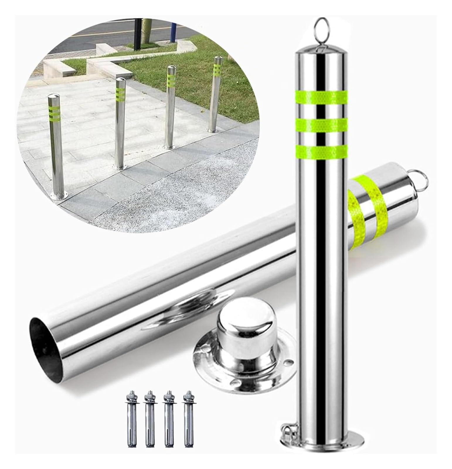 CWCQGH Safety Bollard Down Pillar Barricades With Reflective Tapes, Detachable Metal Bollard Post Driveway Blocker (Green 7.6 x 75cm (3 x 29 1/2in))