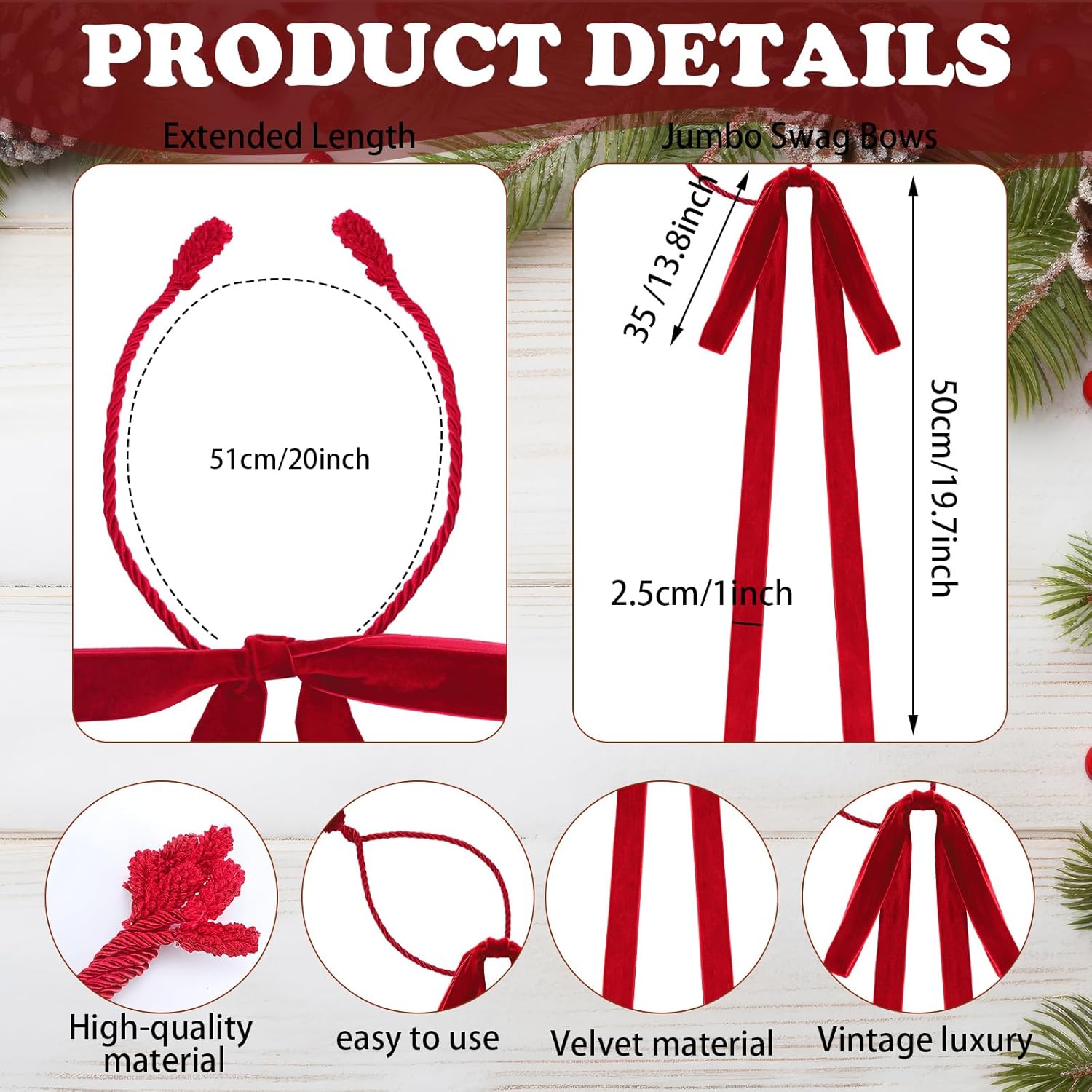 Dingion 16 Pcs Red Velvet Bow Christmas Garland Ties for Banister Xmas Swag Bow Ribbon Decor Stair Twist Ties Vintage Banister Wrap Railing Holder for Holiday Rail Socks Banner Rail Decor
