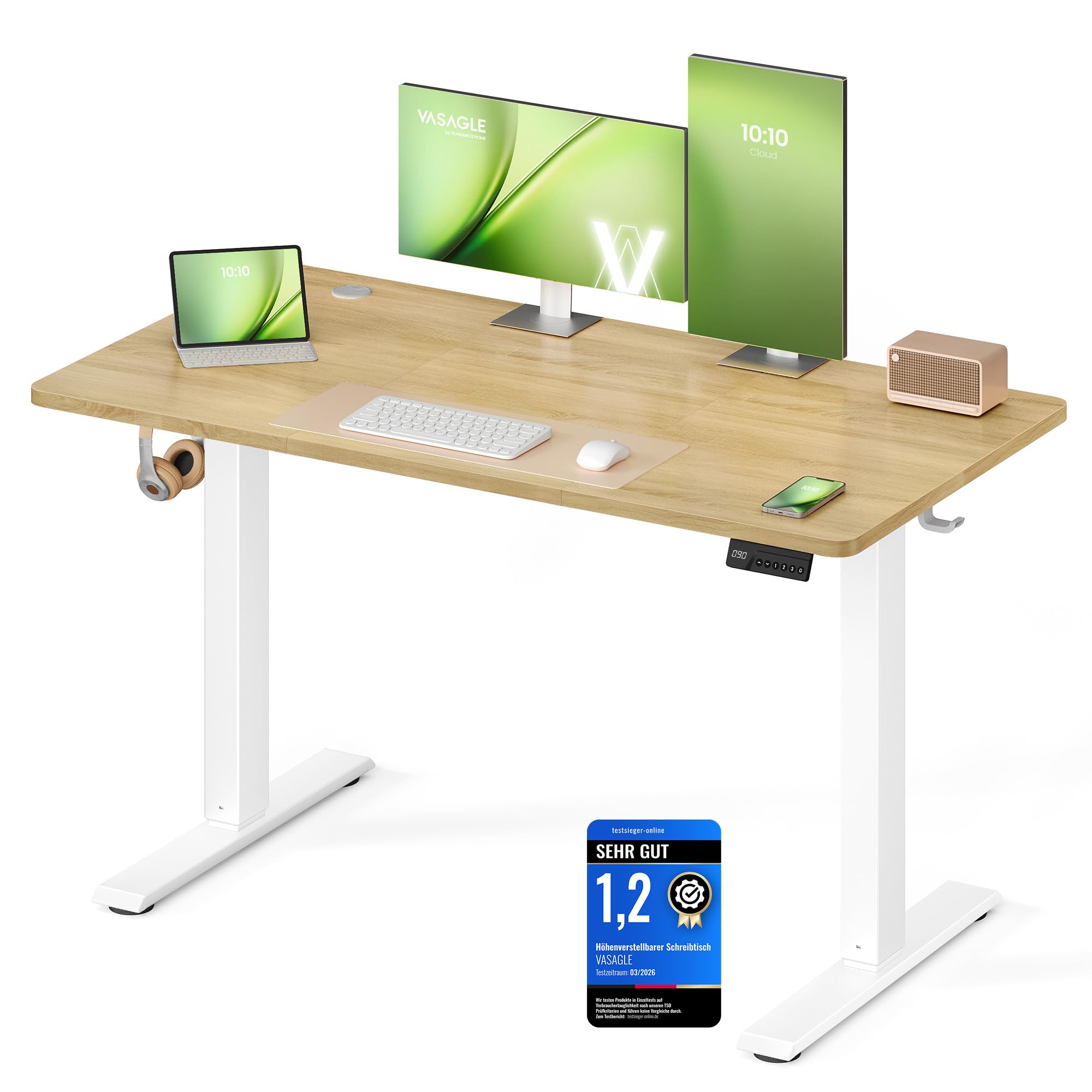 VASAGLE Höhenverstellbarer Schreibtisch, Stehtisch, Computertisch, Erinnerung bei langem Sitzen, Memory-Funktion mit 4 Höhen, für Büro, 120 x 60 cm, goldeichenfarben LSD312YA03