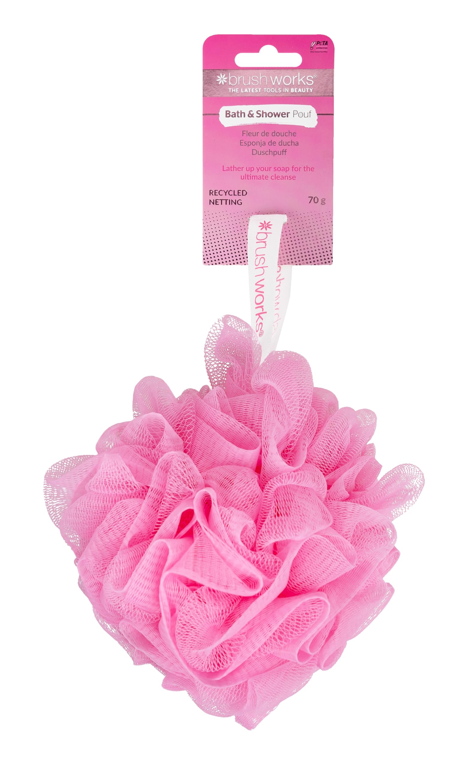 Brushworks Bath & Shower Pouf (70g) – Pink Soft Mesh Exfoliating Body Scrubber for Gentle Cleansing & Smoother Skin, Large Luxury Shower Puff for Women, Durable Shower Ball, Vegan & Cruelty-Free