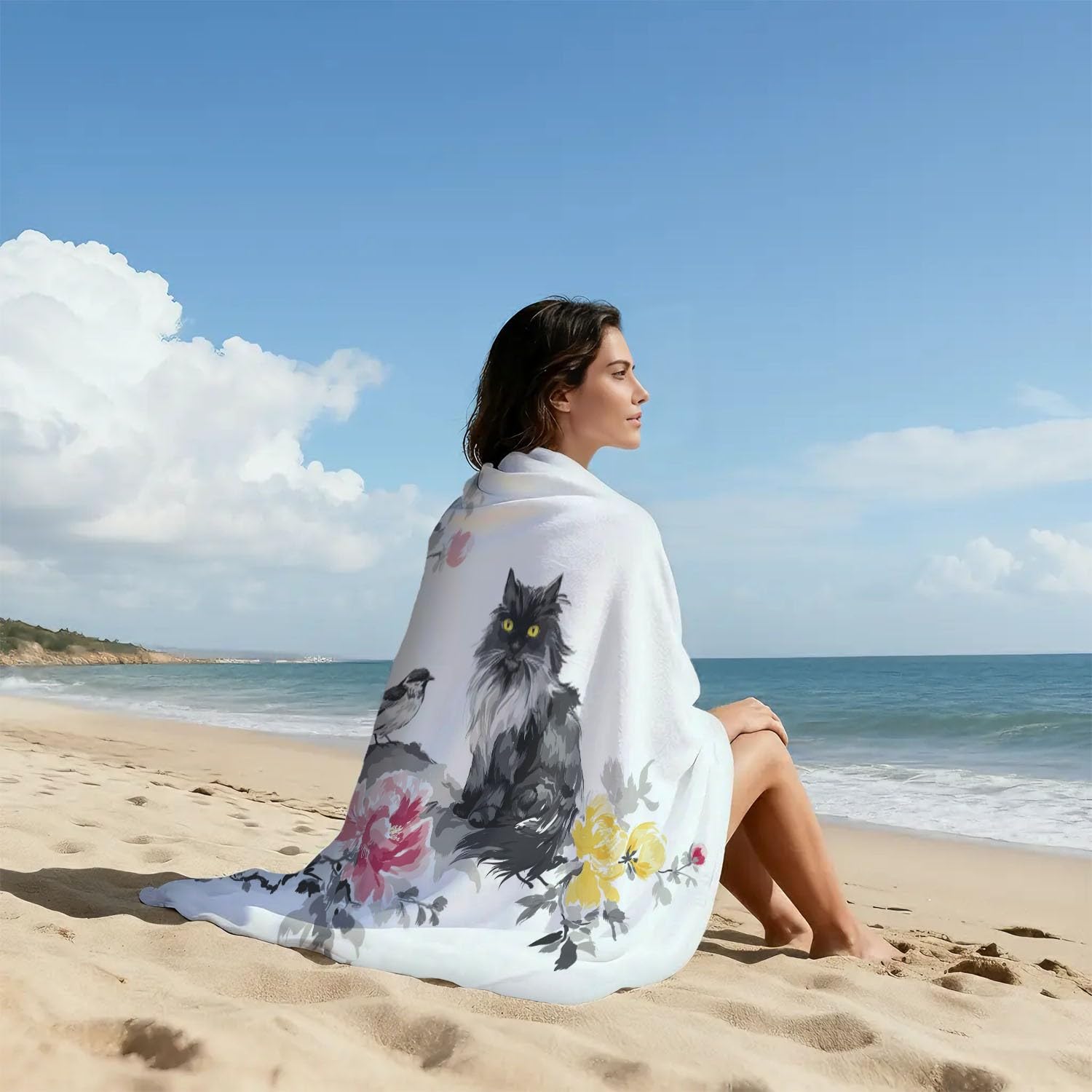 Generisch Ręcznik plażowy z mikrofibry, 200 x 150 cm, ręcznik plażowy, akwarelowy, elegancki, chiński Zen, spokojny, elegancki, kwiaty, kot, ptak, nie zawiera piasku, szybkoschnący, chłonny, podróżny