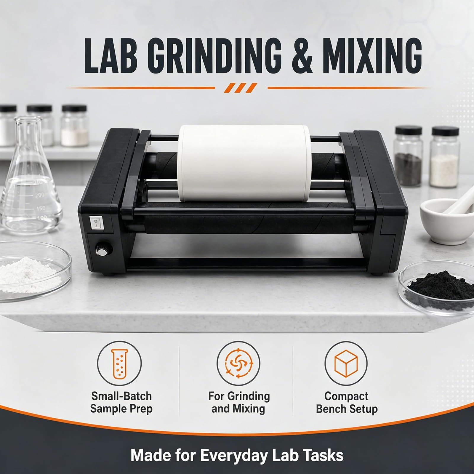 Mulino a Sfere da Banco per Laboratorio, Macchina Macinazione Orizzontale, Barattolo Ceramica 400ml e Motore Brushless, Velocità Variabile Umida Secco per Campioni, Ricerca, Polveri