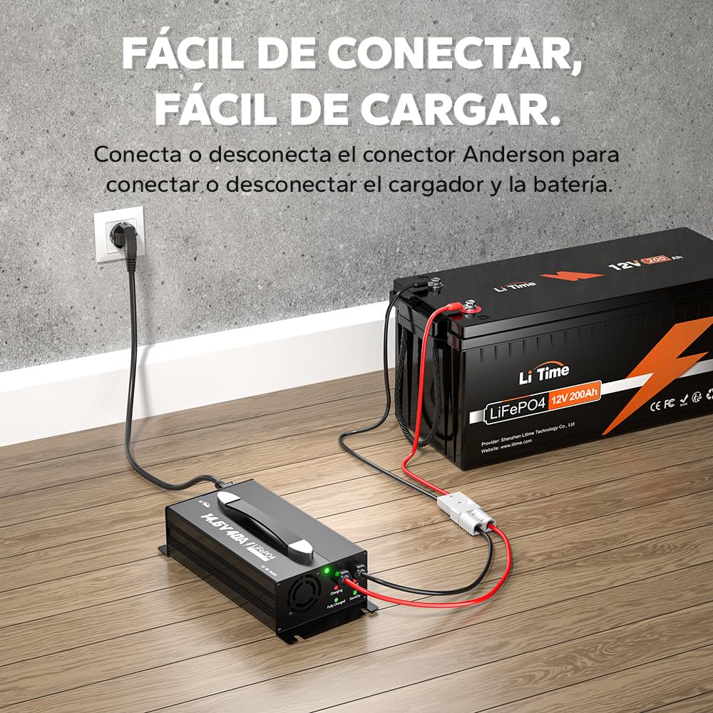 LiTime Cargador de Batería 40A LiFePO4 Litio 14.6V - Cargador Inteligente para Baterías LiFePO4 12V/12.8V – con Indicador LED, Interruptor de Encendido/Apagado y Conector Anderson (CA-CC)