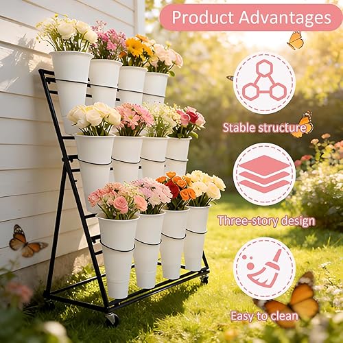 Miniatura 7 de Soporte de exhibición de flores de 3 niveles, soporte móvil de metal para plantas con 12 cubos, carrito de flores con ruedas, adecuado para