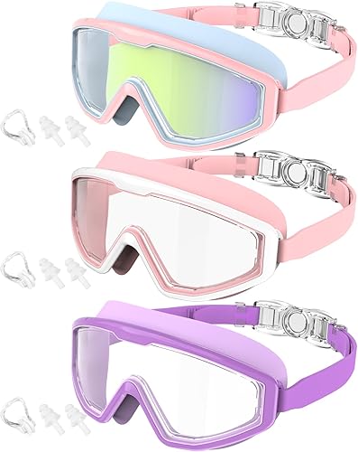 Gafas de natación para niños, paquete de 3 gafas de natación para niños de 4 a 16 años, gafas de piscina con protección UV antivaho para niños y