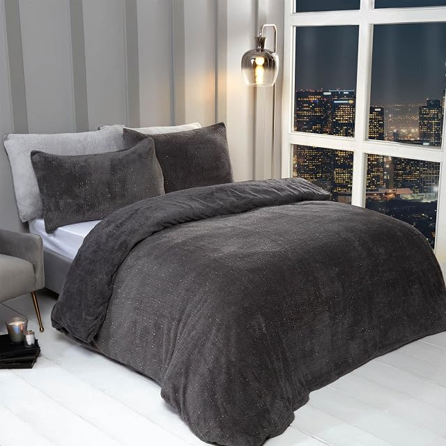 Sienna Glitter Teddy Soft Warm Fleece Duvet Cover with Pillow Case Thermal Sparkle Cuddly Fluffy Cosy Bedding Set (Charcoal Grey, Single)