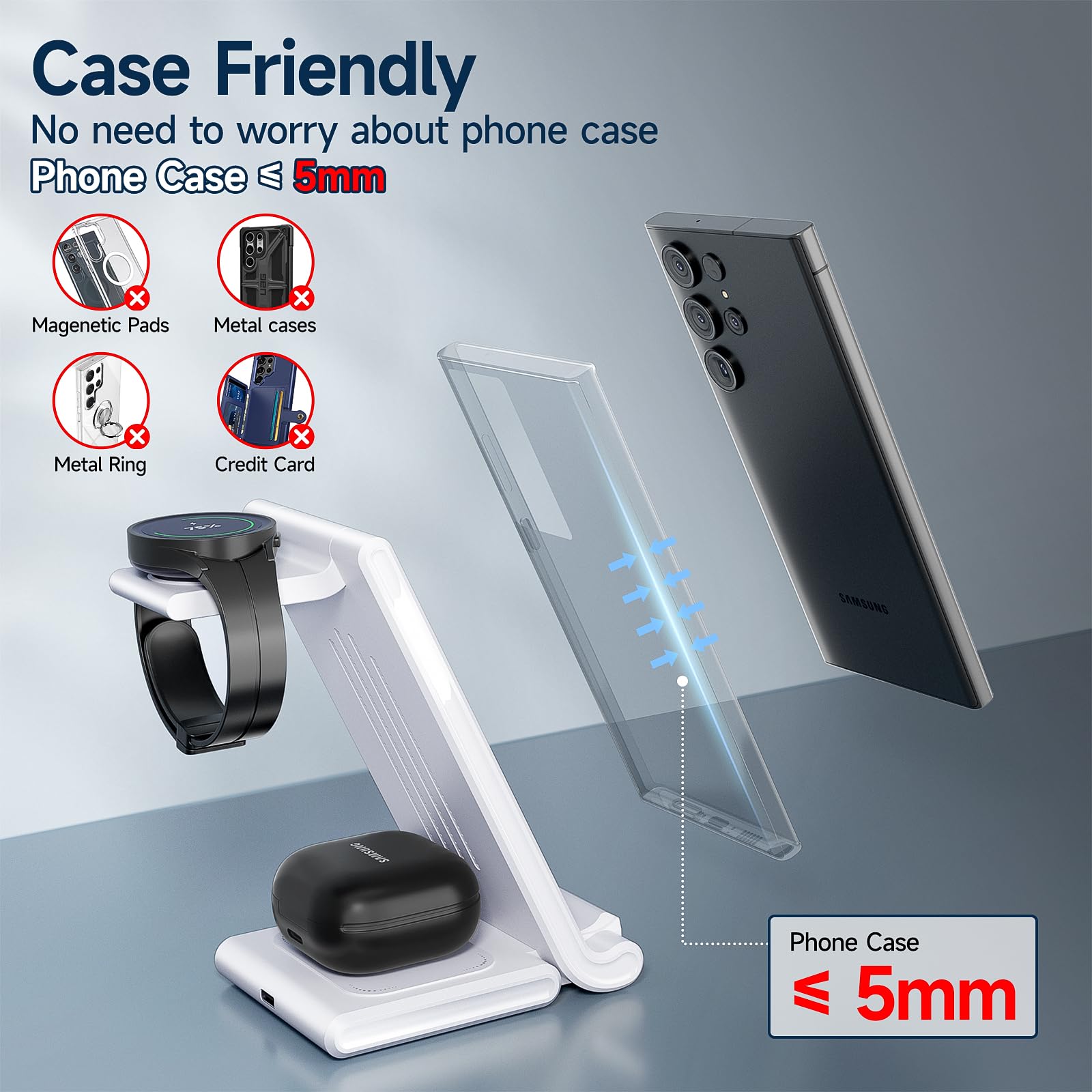 MANKIW Station de charge sans fil pliable 3 en 1 pour Galaxy S23 S22 S20 Ultra Z Flip Fold 5/4/3Galaxy Watch 6/5/4/3Buds-Blanc