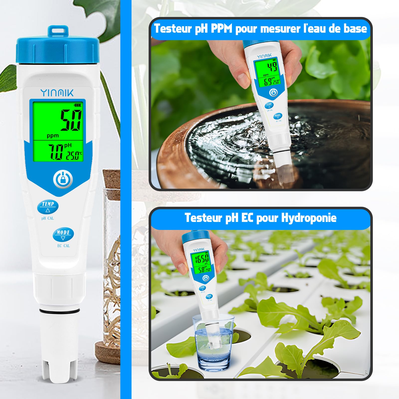 Pious Testeur ph Piscine 4 en 1 Avec Température de TDS EC Pour Hydroponie Testeur de Haute