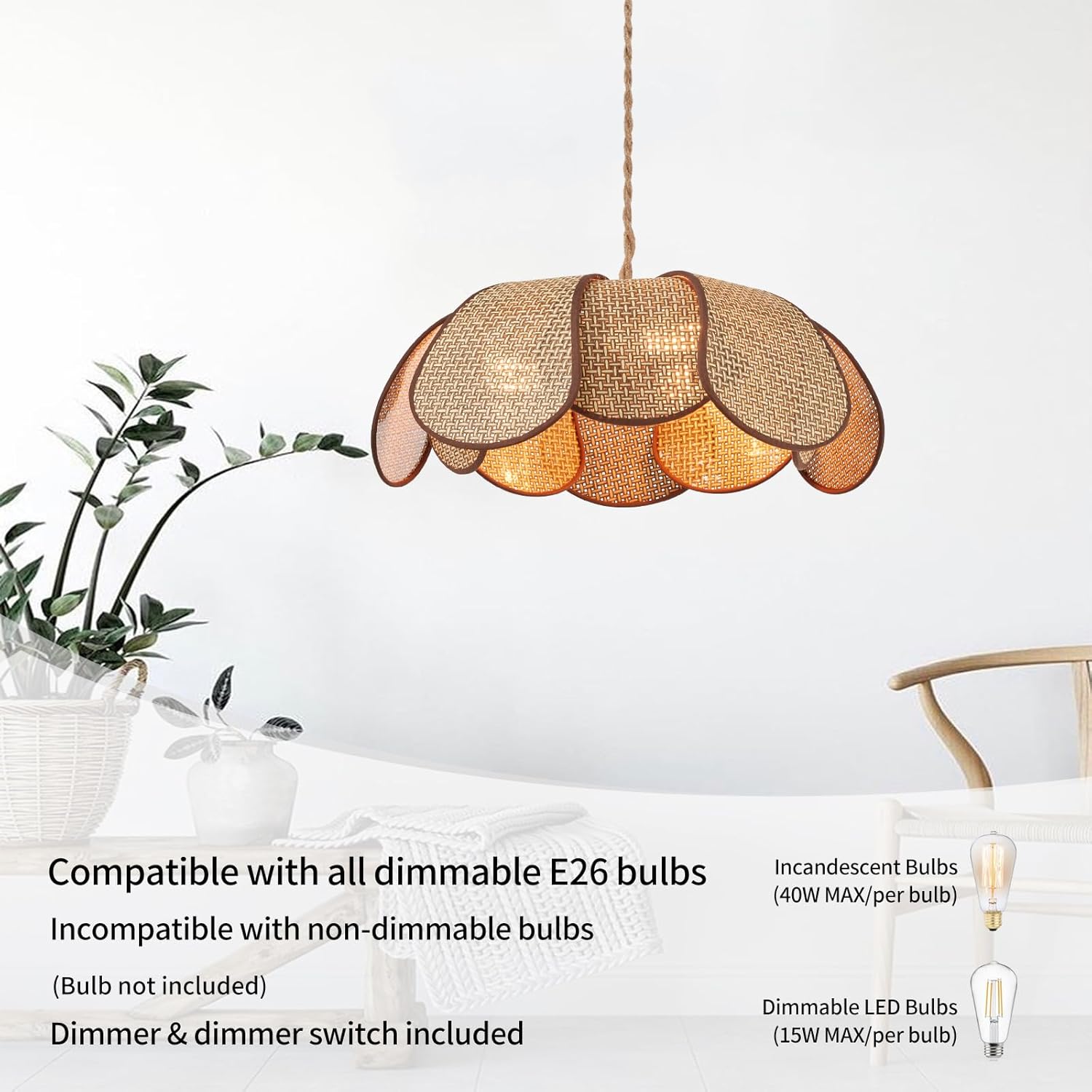 Hanging Lights with Plug in Cord, 3-Light 14.3FT Stepless Brightness Flower Shaped Hanging Lamp with On/Off/Dimmable Switch, Boho Handwoven Chandelier Rattan Pendant Light for Bedroom Nursery (Brown）