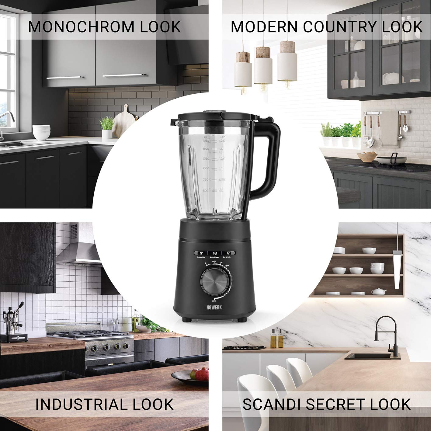 Mikser stojący w edycji Midnight | 3 programy: Smoothie, Ice Crush, Auto Clean | 6-krotne ostrza ze stali nierdzewnej | szklany pojemnik 1750 ml z pokrywką | 1200 W | 22 000 obr./min