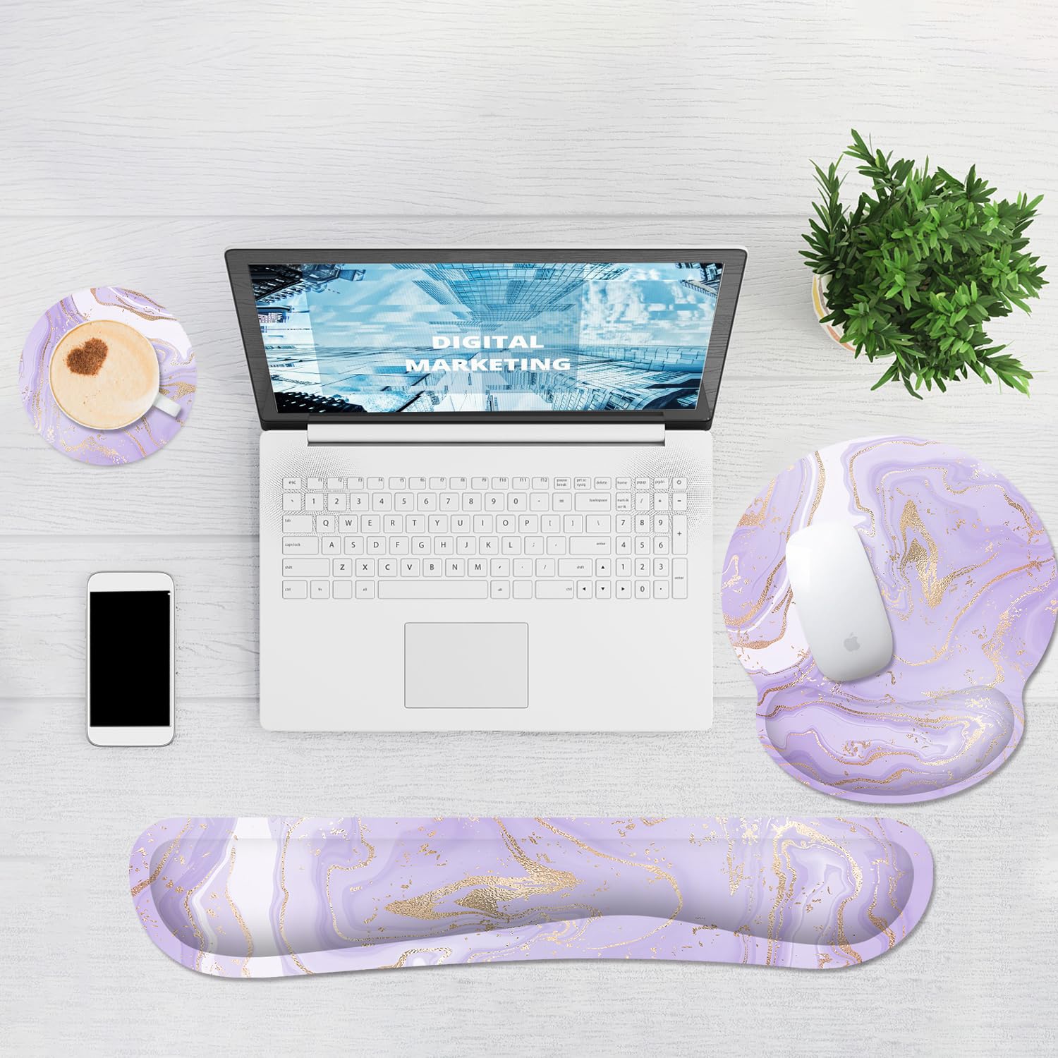 G JGOO Alfombrilla ergonómica para mouse y reposamuñecas para teclado, espuma viscoelástica, mármol morado