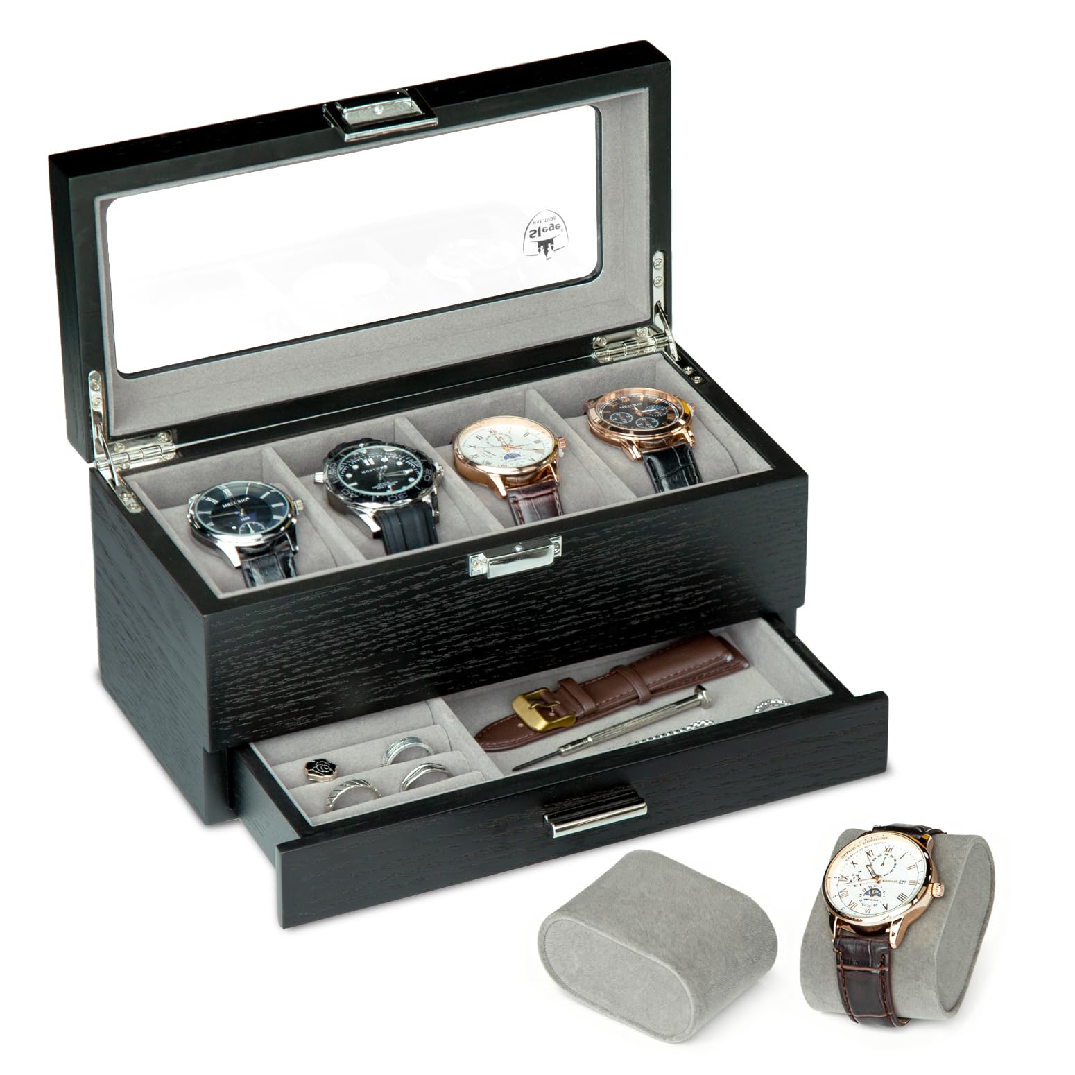 Slege Boîte à Montres en Bois,Fabriqué à Main,4 Emplacements avec Tiroir de Valet,Boîte à Montres pour Homme et Femme,Boîte de Rangement,avec Couvercle en Verre,Support de Montre,Watch Box Cadeau
