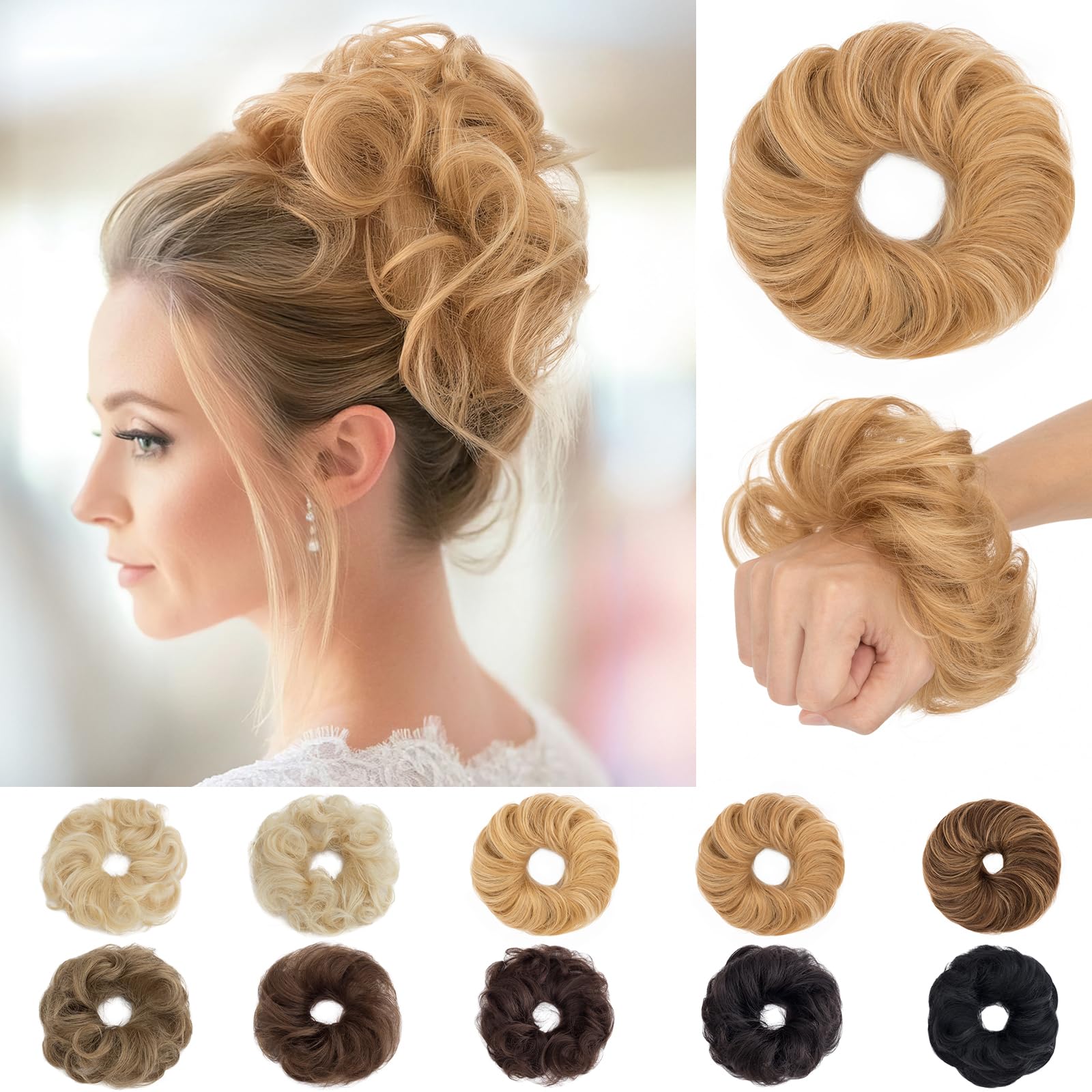 SEGO Pro Real Human Hair Messy Bun Scrunchie, Donut Bun Hair Piece for Women - Curly, 12/613 Golden Brown & Bleach Blonde, Pack of 2