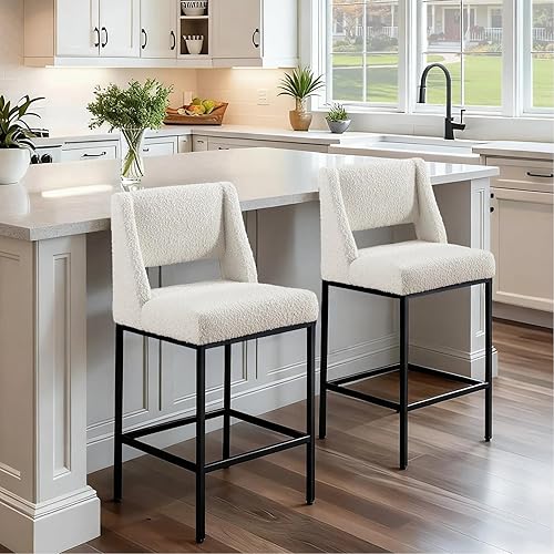 Miniatura 5 de Zesthouse Juego de 2 taburetes de altura de mostrador, taburetes tapizados de tela Boucle con respaldos, sillas de bar modernas de 26 pulgadas para