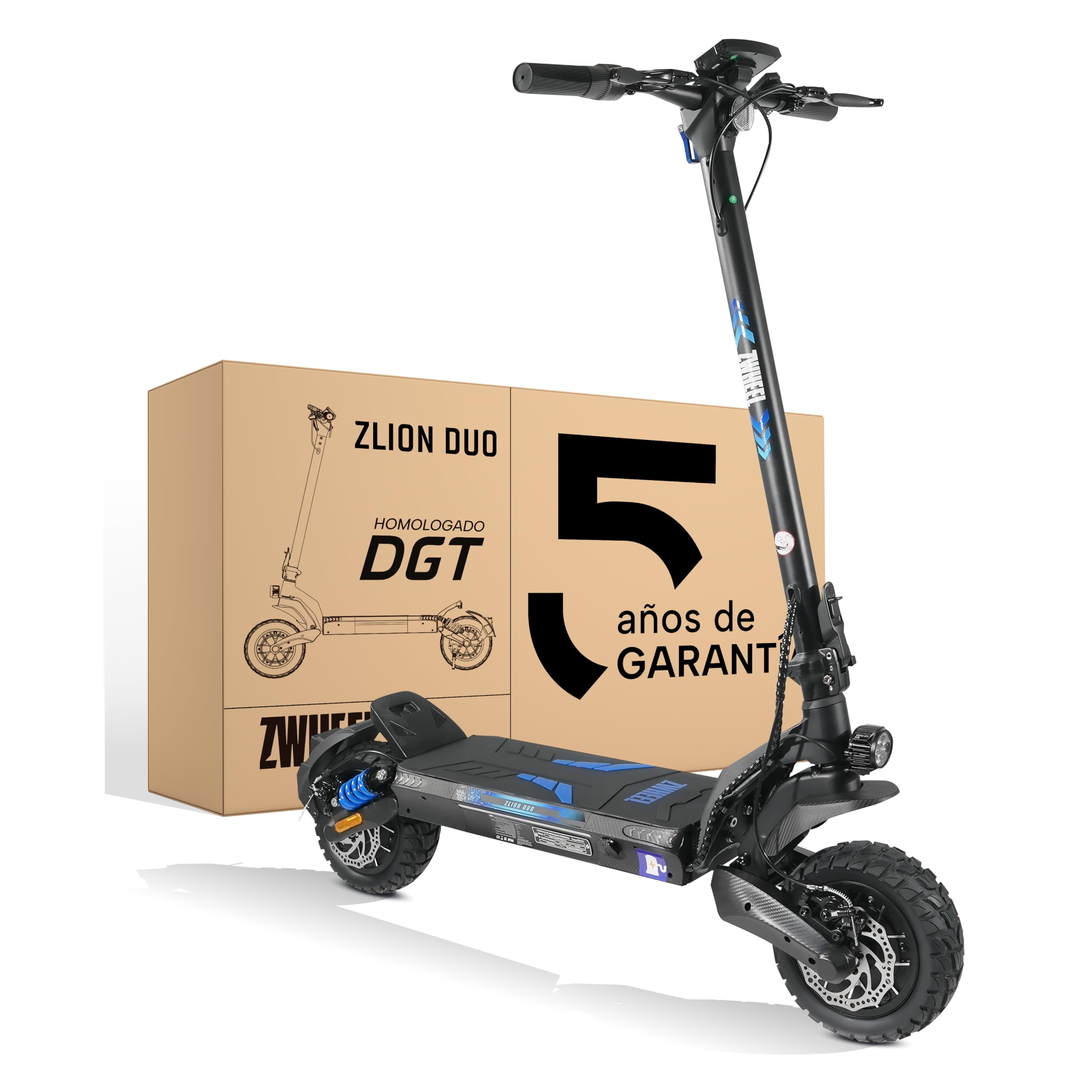 ZWHEEL ZLION | Patinete Eléctrico Adultos Homologado con Talleres España | 50-60 km | 5 Años de Soporte | Doble Motor | Homologado DGT | Ruedas 10" Offroad Tubeless | Intermitentes | App | Suspensión