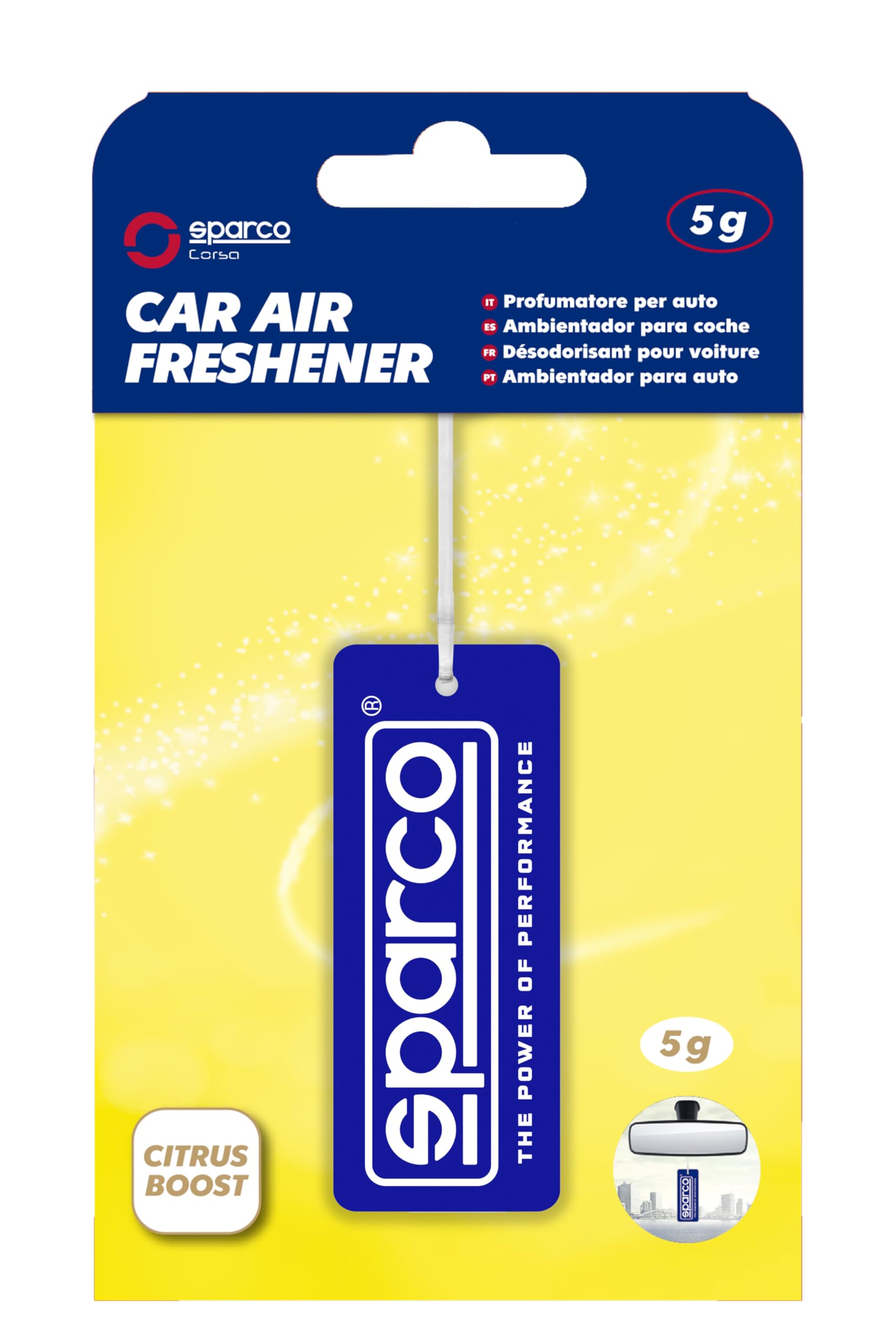 Sparco Cellulose Car Air Freshener with Hanging Hook, Citrus Boost Fragrance, Fresh Citrus Scent with a Spicy Touch, Up to 30 Days, 5 Grams