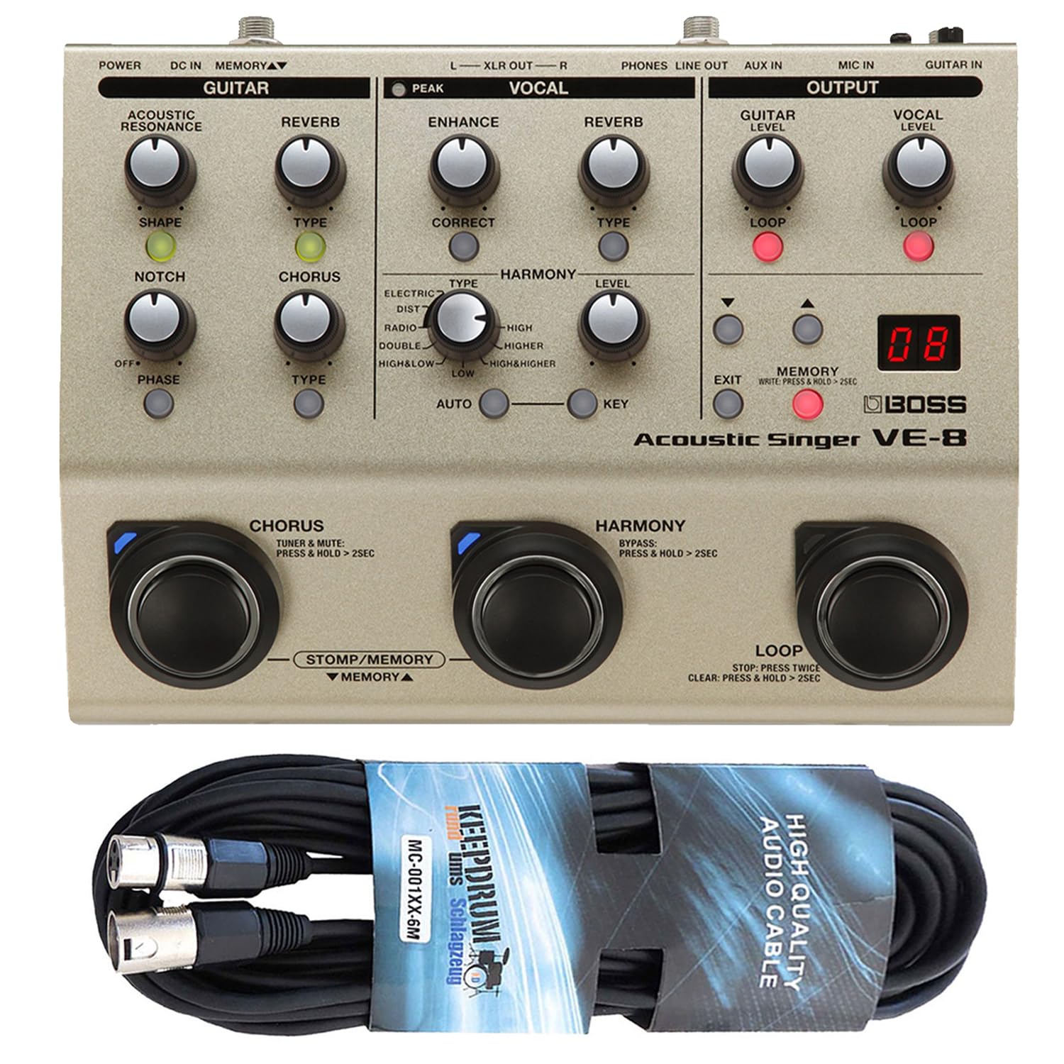 Boss VE-8 Acoustic-Singer Effektgerät für Gesang und Gitarre mit keepdrum XLR-Kabel