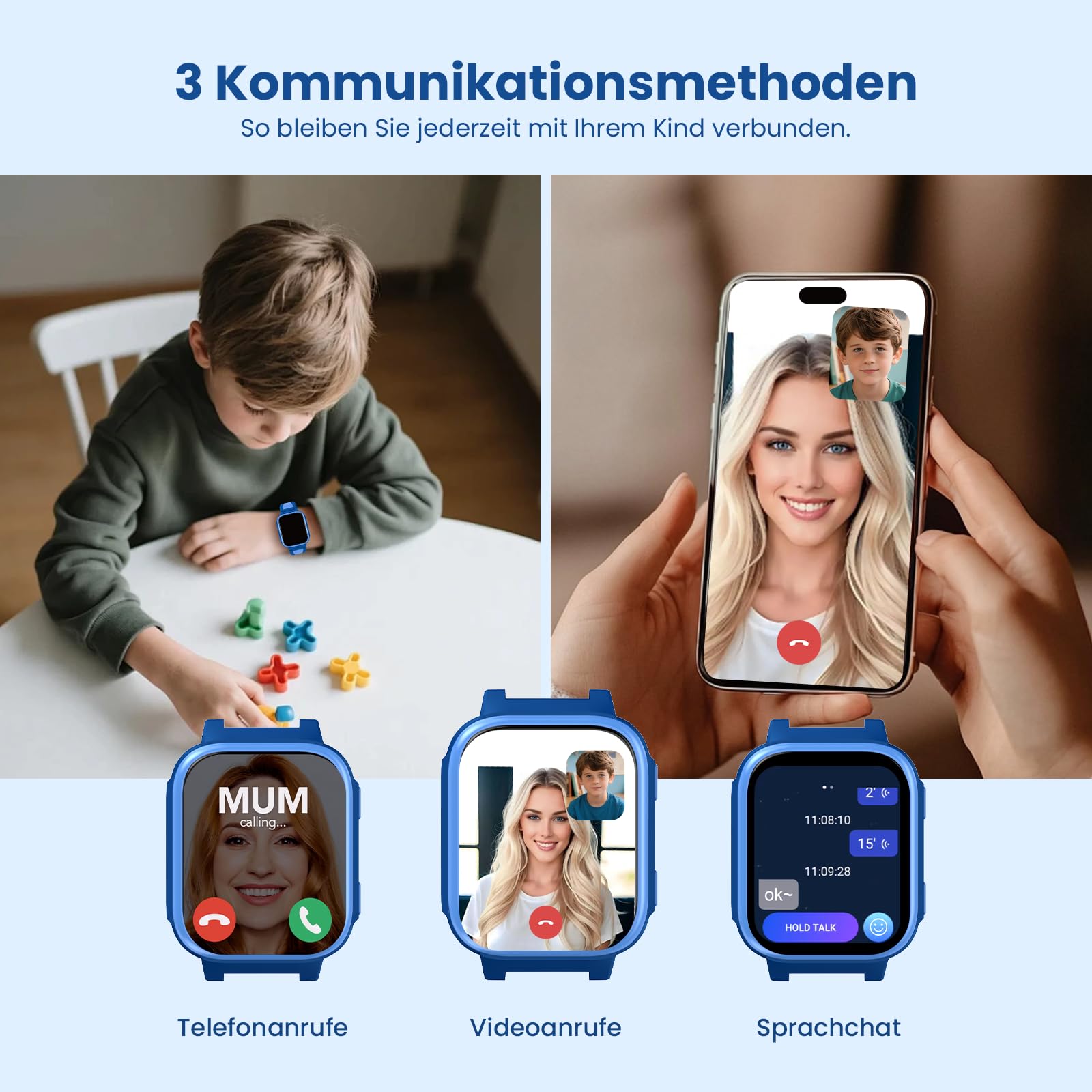 K10 4G Kinder Smartwatch mit GPS und Telefonfunktion, 1,8-Zoll-Bildschirm, 950mAh, IP68 Wasserdicht, Schulmodus, SOS-Notruf - Smartwatch für Kinder ab 6Jahren (Blau)