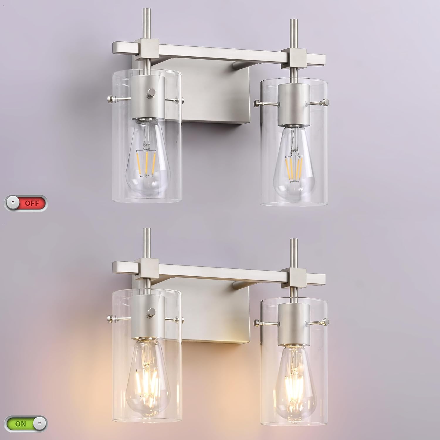 SOLFART 2 Light Wall Scone Vintage Vanity Light Fixtures Brushed Nickel Wall Light for Bathroom Lights Over Mirror with Glass Shade Light Fixtures (Exclude Bulb)