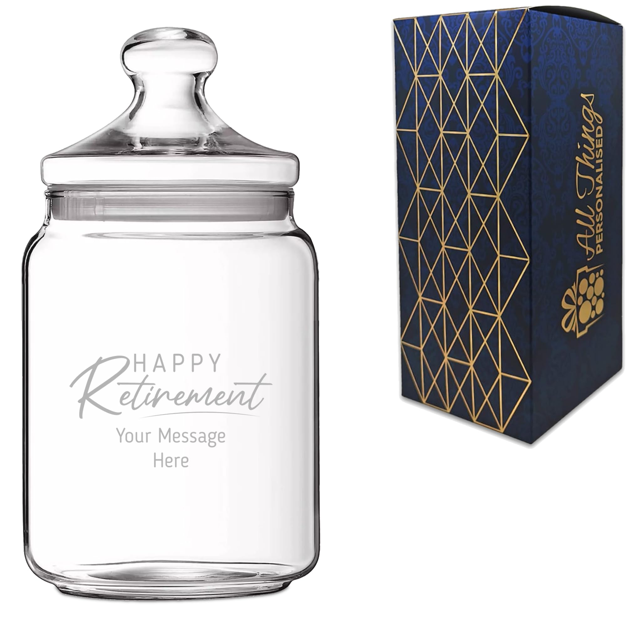 Personalised 1 Litre Glass Sweets Biscuits Jar with Happy Retirement Design, Custom Laser Engraved Treat Jar with Lid, Personalised Retirement Gift for Colleague and Work Friend, Gift Box Included
