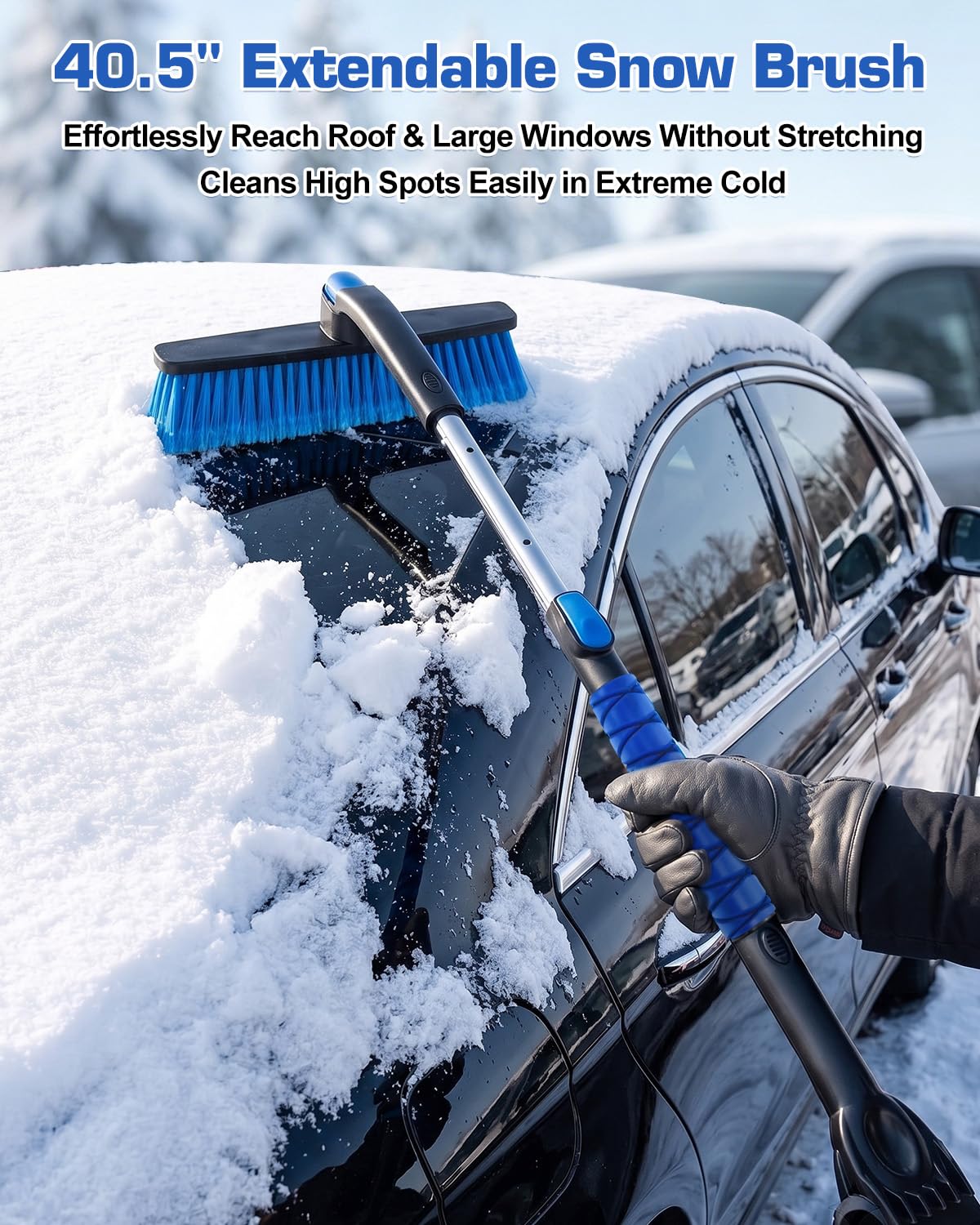 Brosse à neige et grattoir à glace pour pare-brise de voiture, outil de déneigement extensible de 102,9 cm avec tête de brosse pivotante à 360° et poignée ergonomique en mousse pour VUS