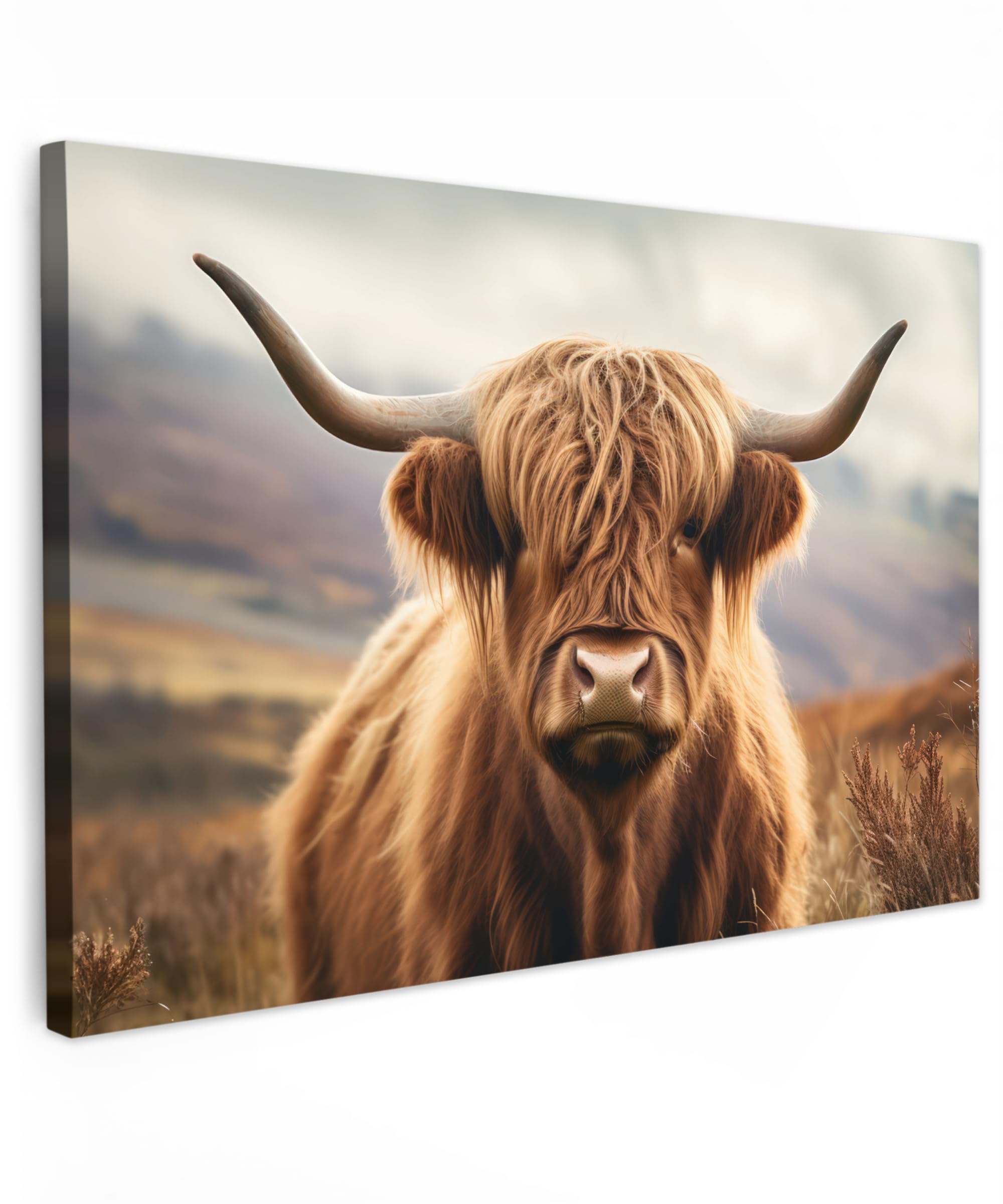 MuchoWow© Canvas Wall Art Work 35"x24" / 90x60 cm Room Decor Painting Wallfillers Picture Decoration Prints Scottish highlander - Landscape - Animal