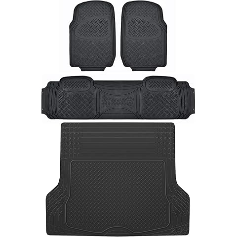 BDK OF-713 Diamond Grid Rubber Car Floor Mats, Universal Front & Rear Combo Set with Trunk Cargo Mat Liner for Car Sedan SUV Van, Heavy Duty All Weather Trim to Fit